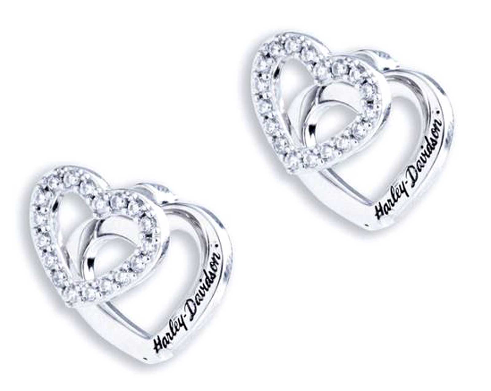 Harley-Davidson Women's Double Interlocked Heart Crystal Stud Earrings, Silver - Wisconsin Harley-Davidson