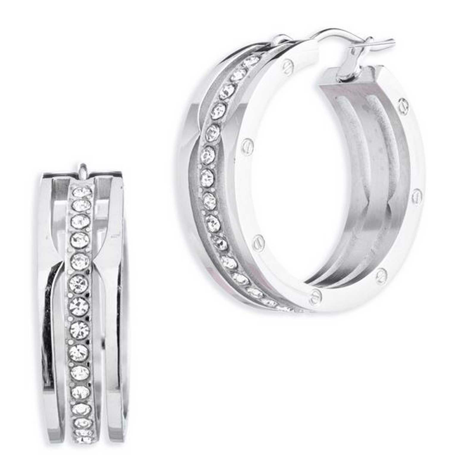 Harley-Davidson Womens Three Row Pave Accent Wide Hoop Earrings, Stainless Steel - Wisconsin Harley-Davidson