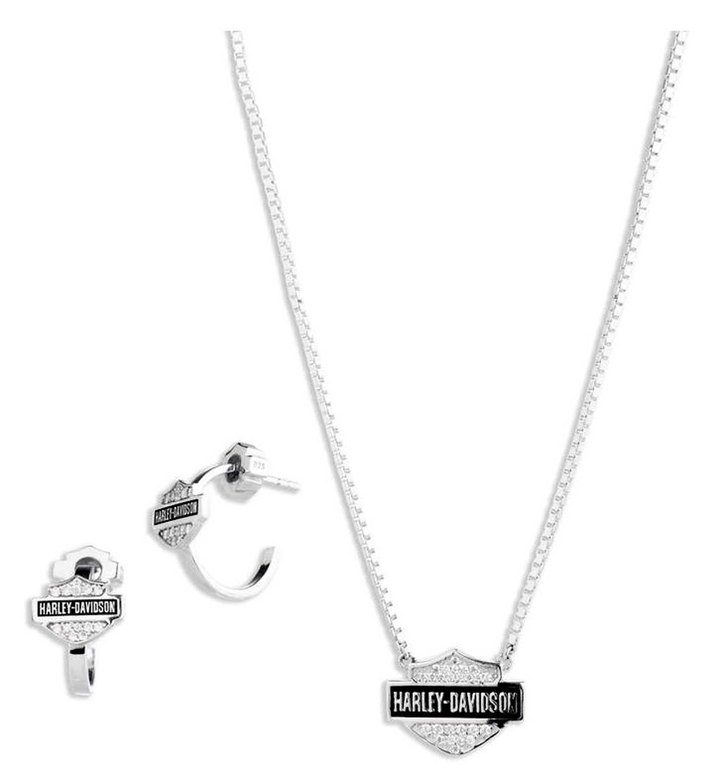 Harley-Davidson Women's Crystal Pave Bar & Shield Necklace & Earring Set, Silver - Wisconsin Harley-Davidson