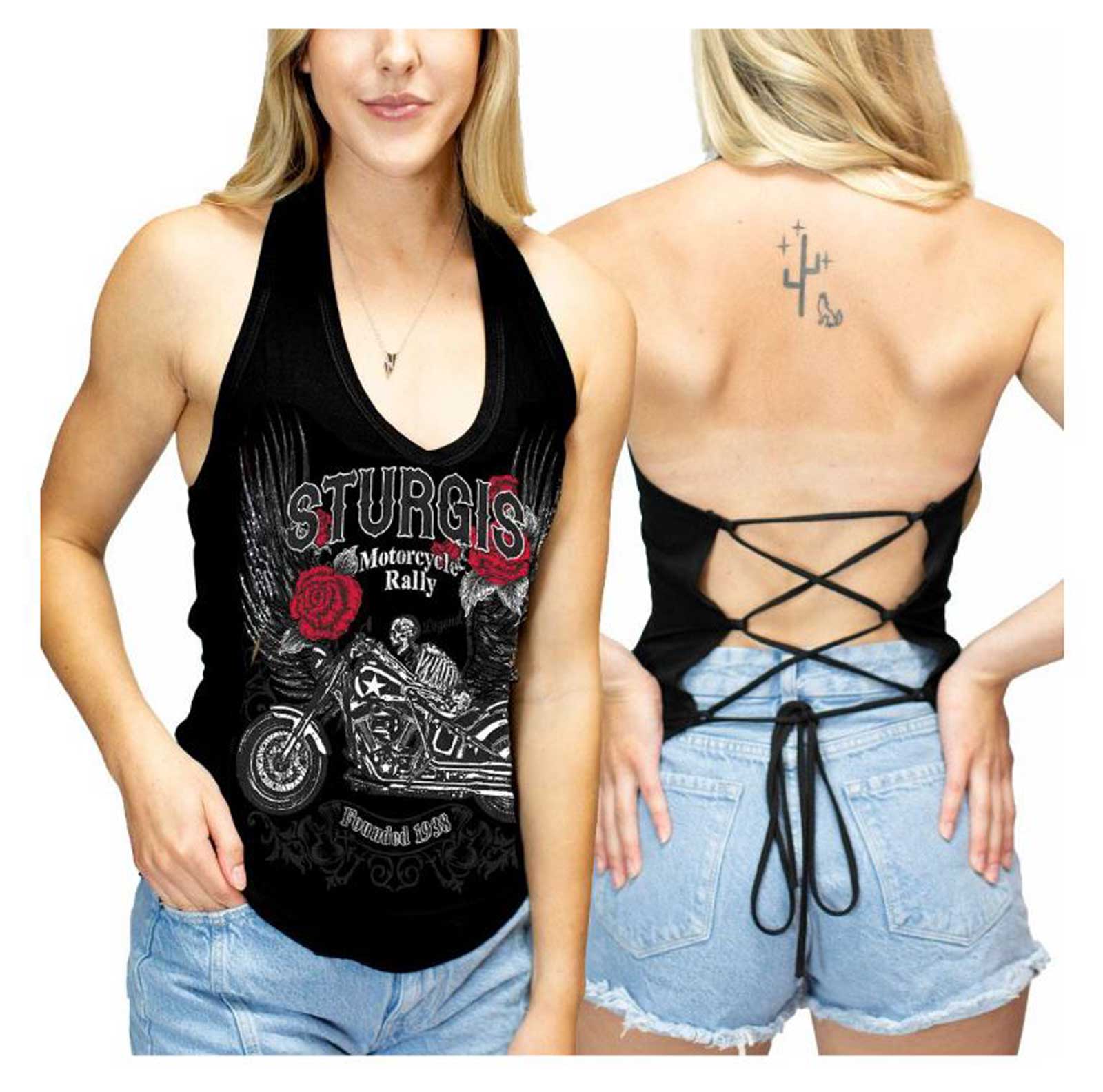 Harley-Davidson Free Shipping - Liberty Wear Women's Sturgis Winged Bike V-Neck Halter Top w/ Tie Back - Black - Free Shipping on many products plus Orders Over $99