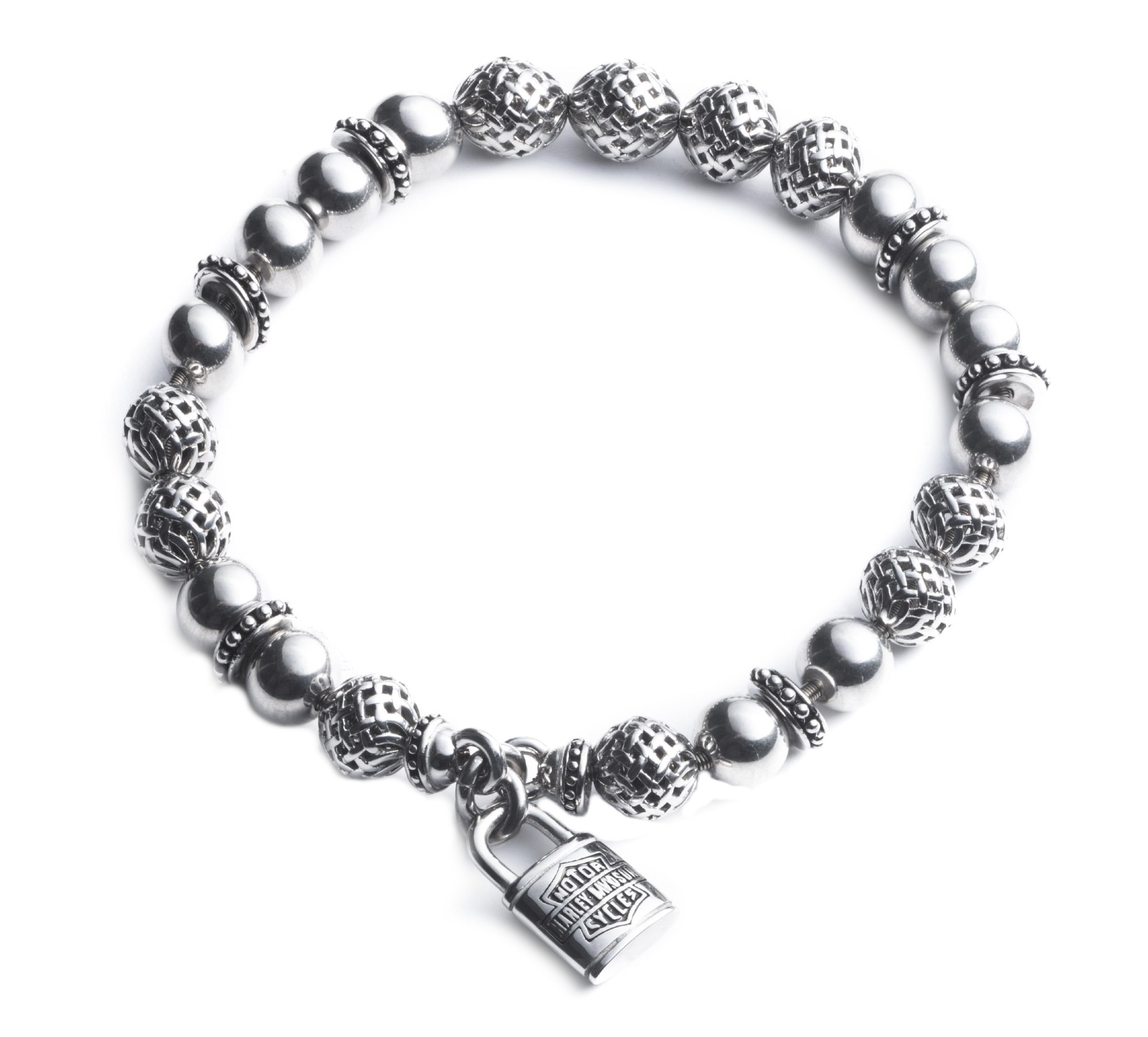 Harley-Davidson Men's 8" Stainless Steel Beaded Stretch Bracelet Lock Charm - Wisconsin Harley-Davidson