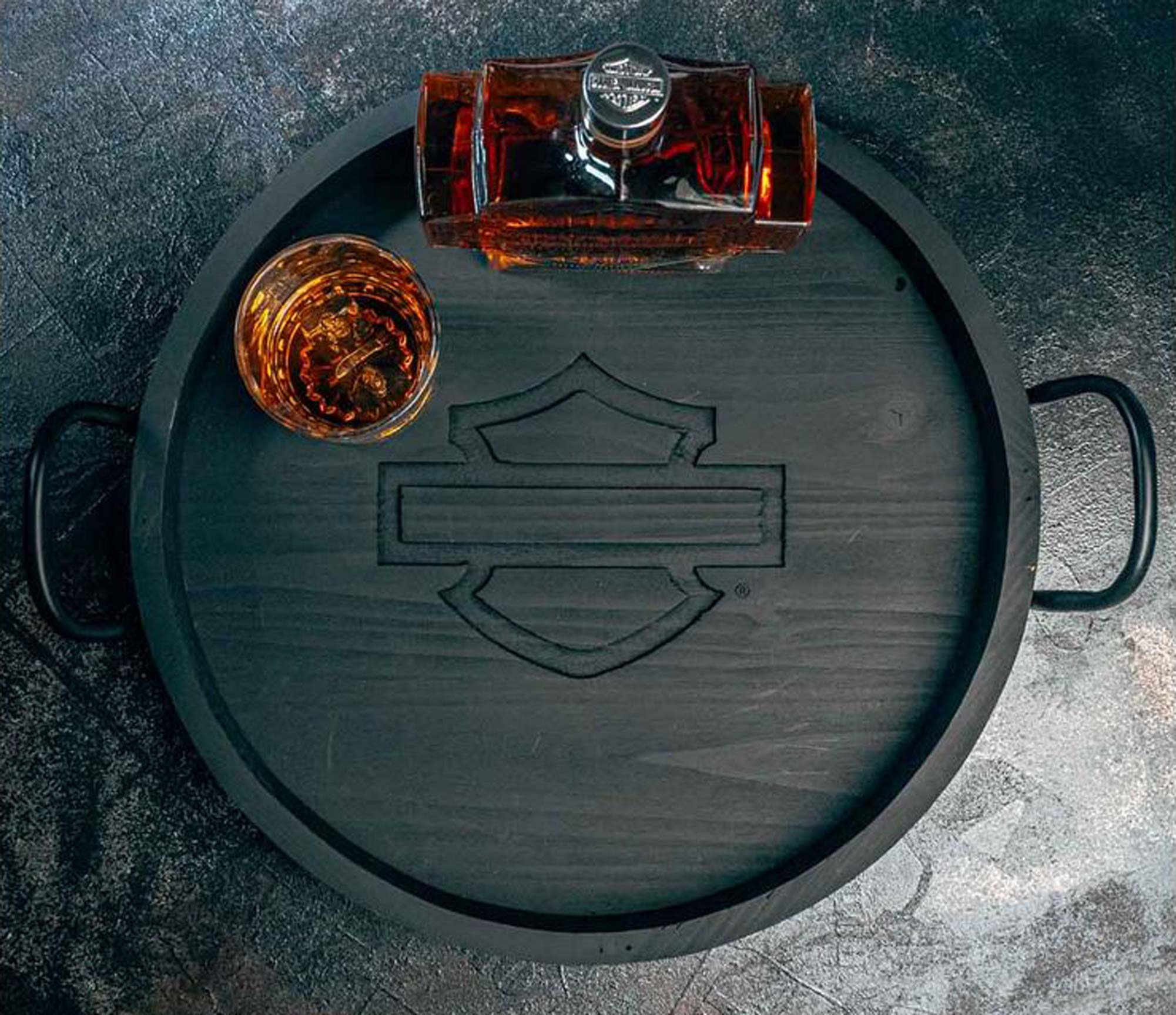 Harley-Davidson Large Wooden Serving Tray w/ Metal Handles, 17" Round, Black - No Hassle Returns at Wisconsin Harley