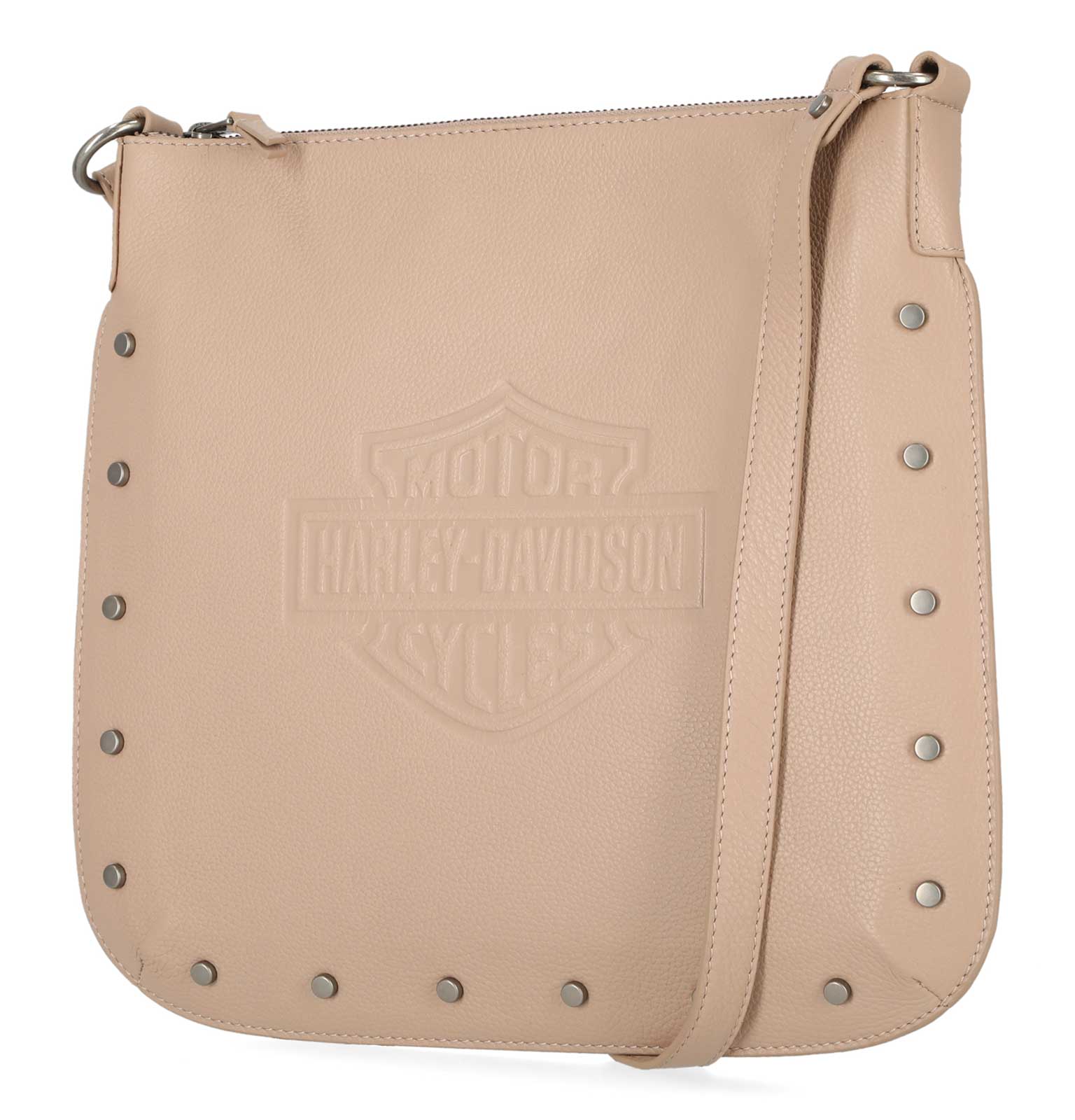 Harley-Davidson Women's Flat Studded Bar & Shield Crossbody Bag - Tan - No Hassle Returns at Wisconsin Harley