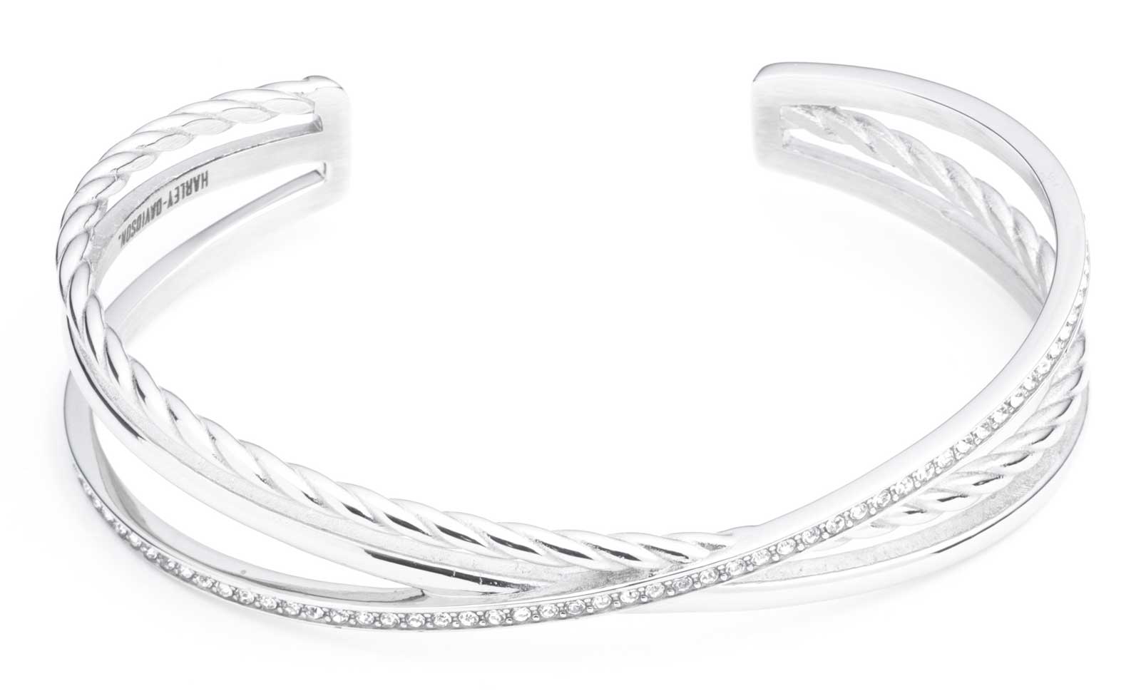 Harley-Davidson Women's 7.5 Inch Crisscross Crystal Cuff Bracelet, Silver - Wisconsin Harley-Davidson