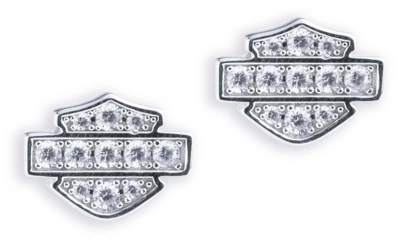 Harley-Davidson Women's Bar & Shield Pave Stones Stud Earrings, Sterling Silver - Wisconsin Harley-Davidson