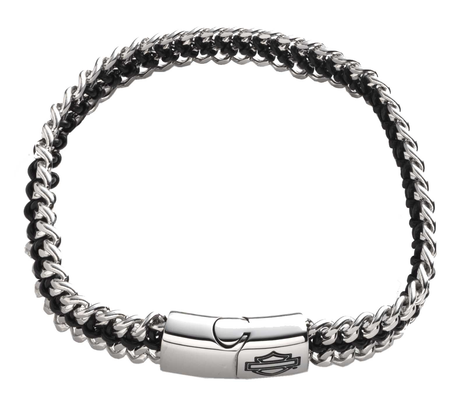 Harley-Davidson Men's 8.25 inch Engraved Logo Leather Cord & Chain Bracelet - Wisconsin Harley-Davidson