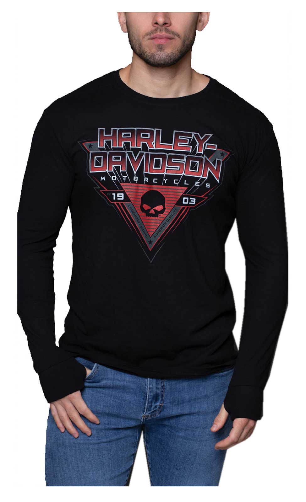 Harley-Davidson Men's Willie G Skull Long Sleeve Shirt w/ Thumbholes - Black - Wisconsin Harley-Davidson