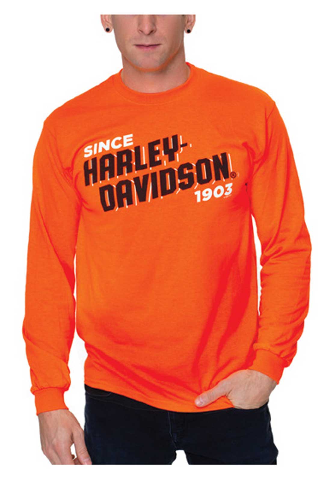Harley-Davidson Men's Block H-D Long Sleeve Crew-Neck Shirt - Safety Orange - Wisconsin Harley-Davidson