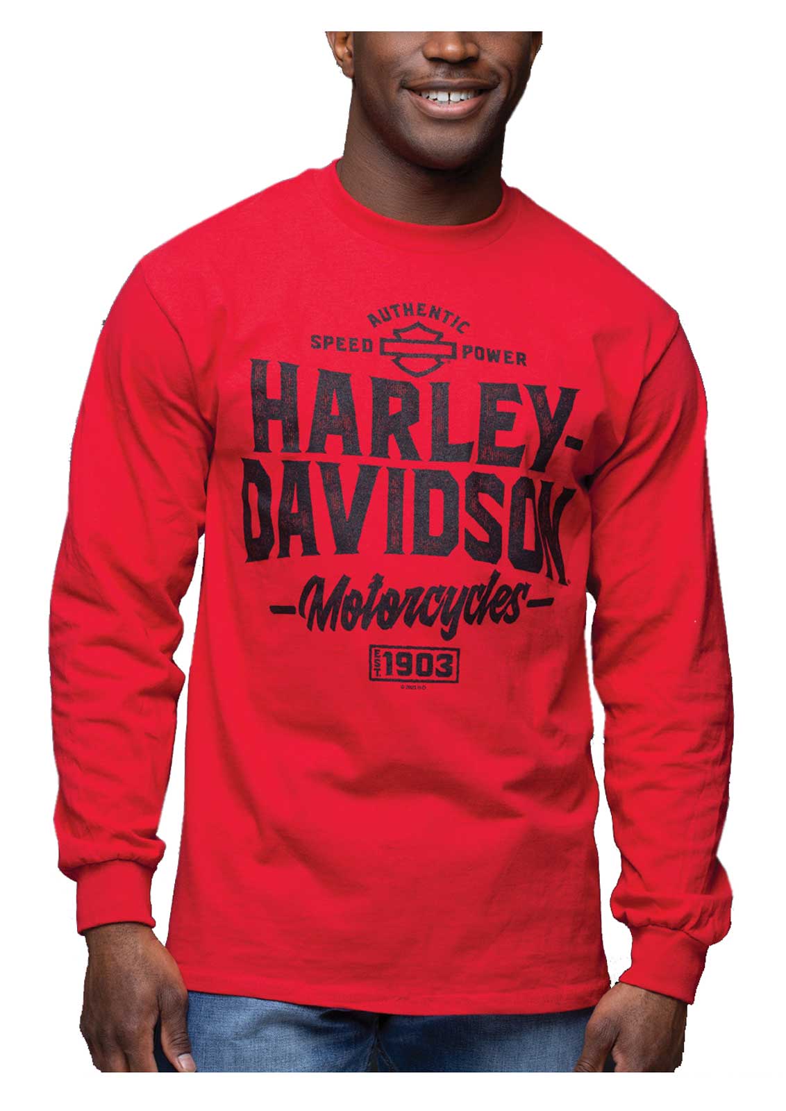 Harley-Davidson Men's Distressed Brawn Long Sleeve Crew-Neck Cotton Shirt, Red - Wisconsin Harley-Davidson