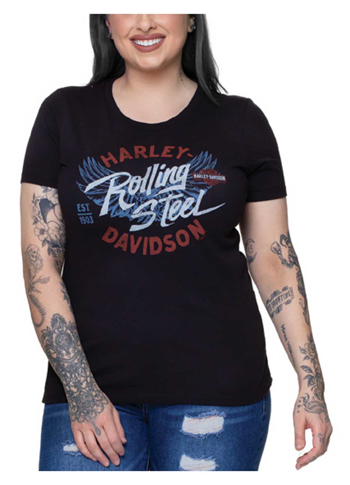 Harley-Davidson Women's Rolling Steel Crew-Neck Short Sleeve Cotton Tee, Black - Wisconsin Harley-Davidson