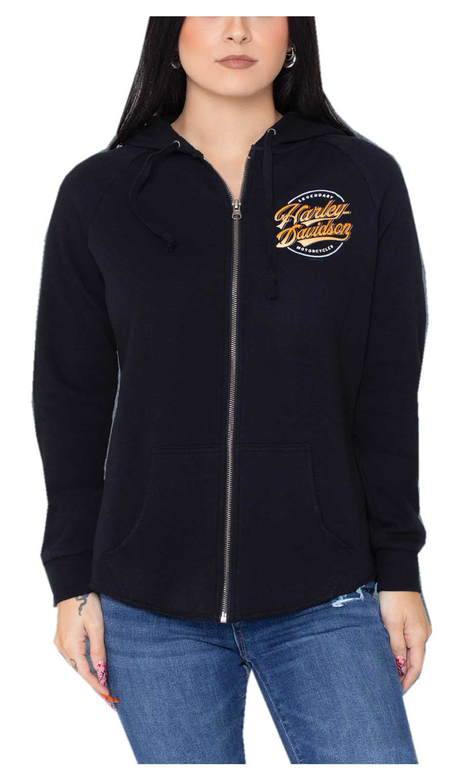 Harley-Davidson Women's Round Swerve Zip-Up Curved Hem Sweatshirt, Black - Wisconsin Harley-Davidson