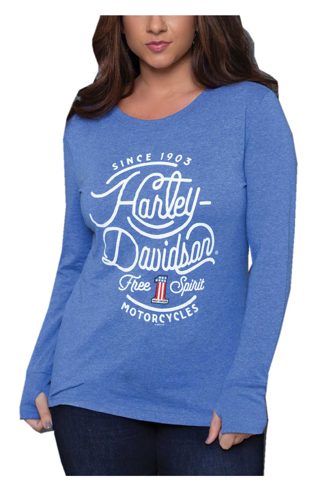 Harley-Davidson Women's Frolic Long Sleeve High-Low Scoop Neck Shirt, Blue - Wisconsin Harley-Davidson
