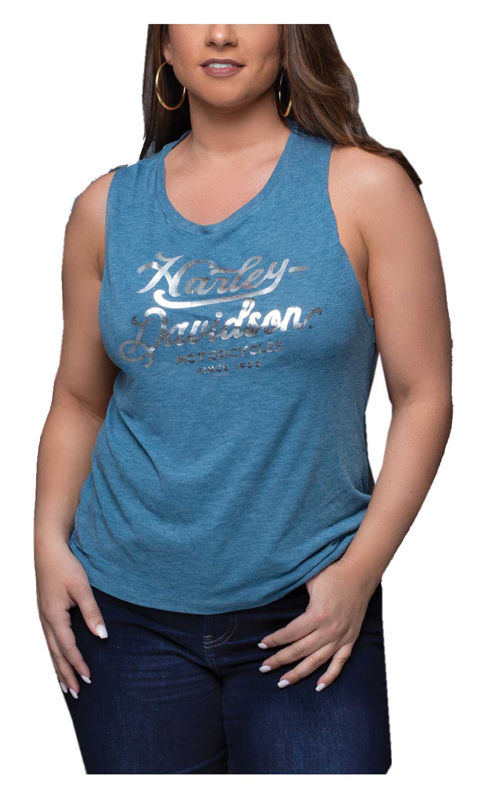 Harley-Davidson Women's Foil Elegantly Flowy Scoop Neck Muscle Tank Top, Teal - Wisconsin Harley-Davidson