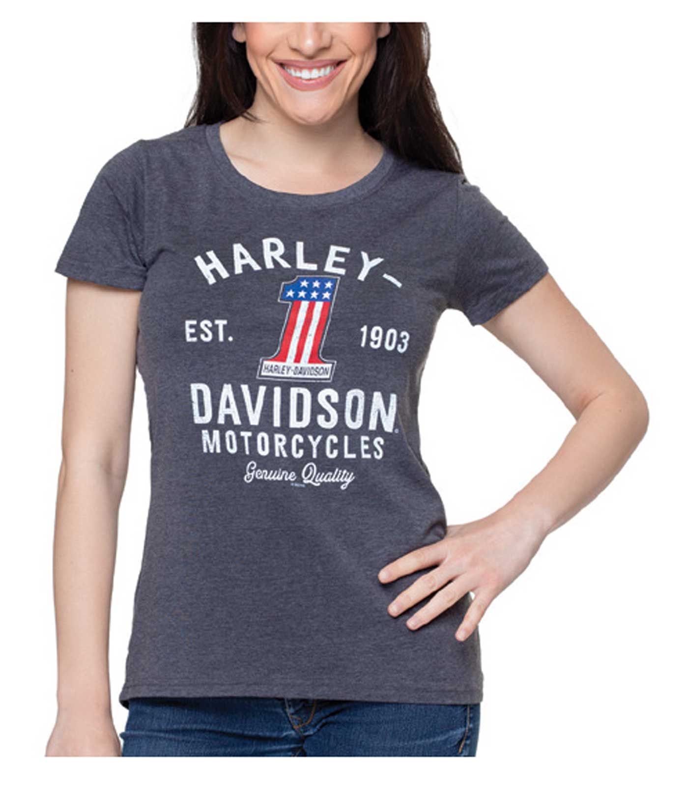 Harley-Davidson Women's Glamour Curved Hem Short Sleeve Scoop Neck Tee, Gray - Wisconsin Harley-Davidson