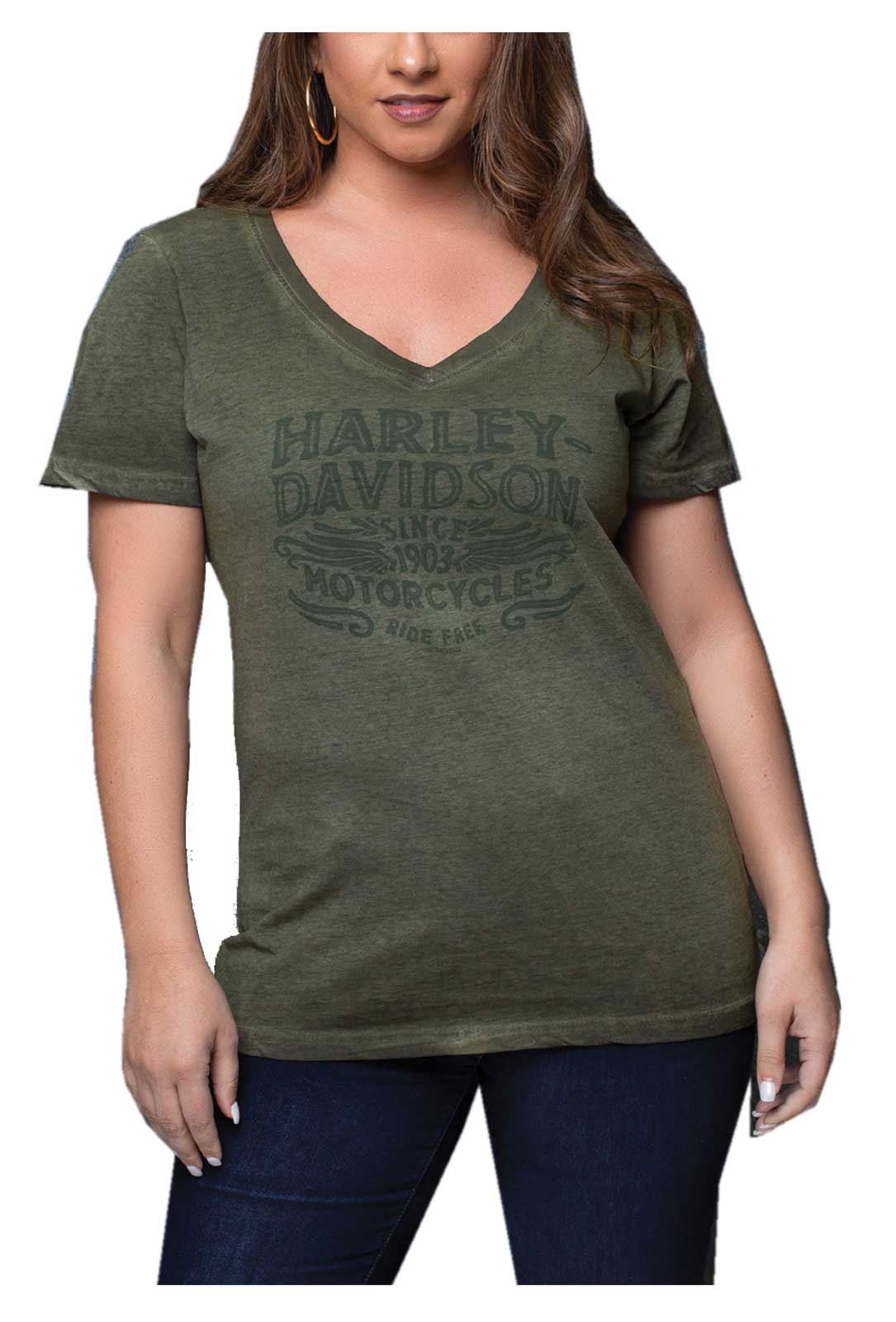 Harley-Davidson Women's Rugged Arch V-Neck Short Sleeve Tee, Wash Olive - Wisconsin Harley-Davidson