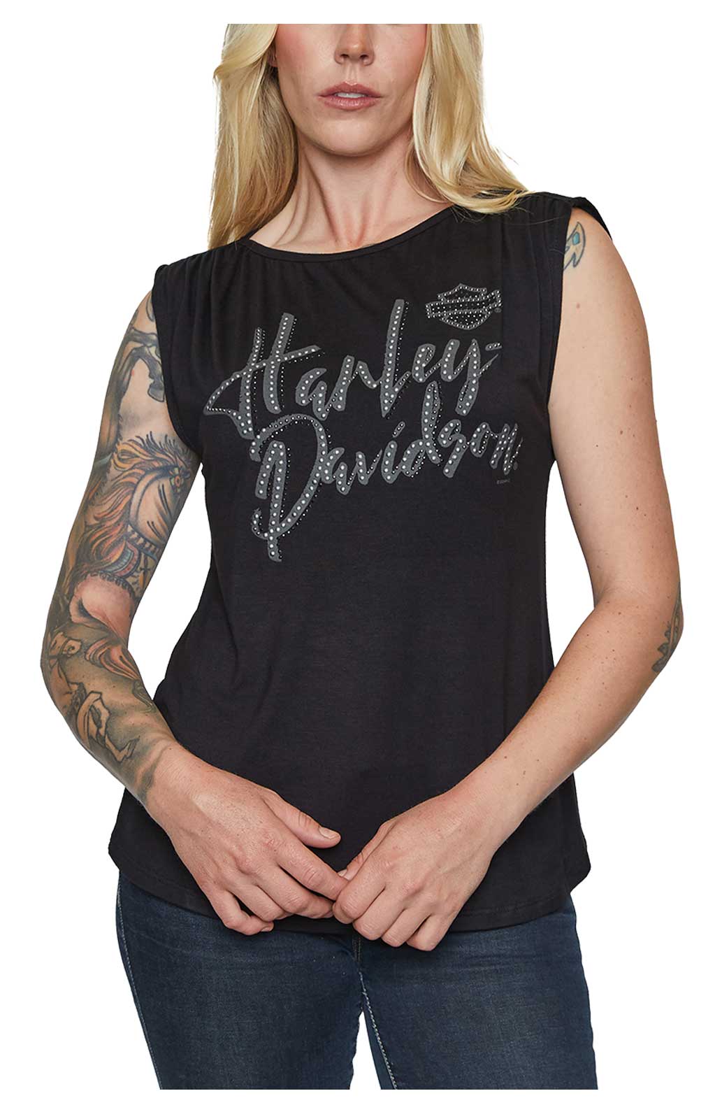 Harley-Davidson Women's Embellished Script Scoop Neck Sleeveless Tee, Black - Wisconsin Harley-Davidson