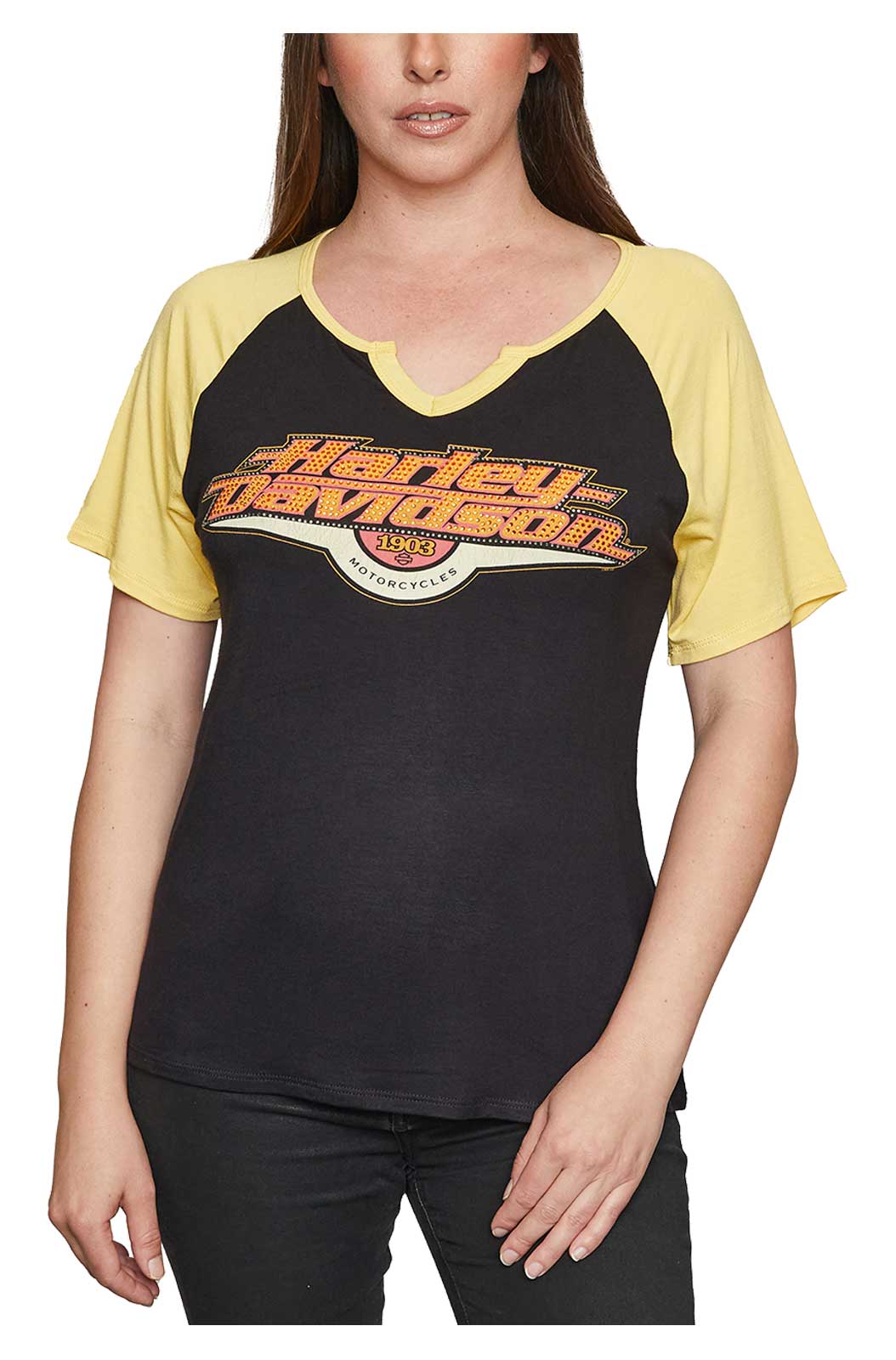 Harley-Davidson Women's Goldline Embellished Short Sleeve Raglan Tee, Black - Wisconsin Harley-Davidson
