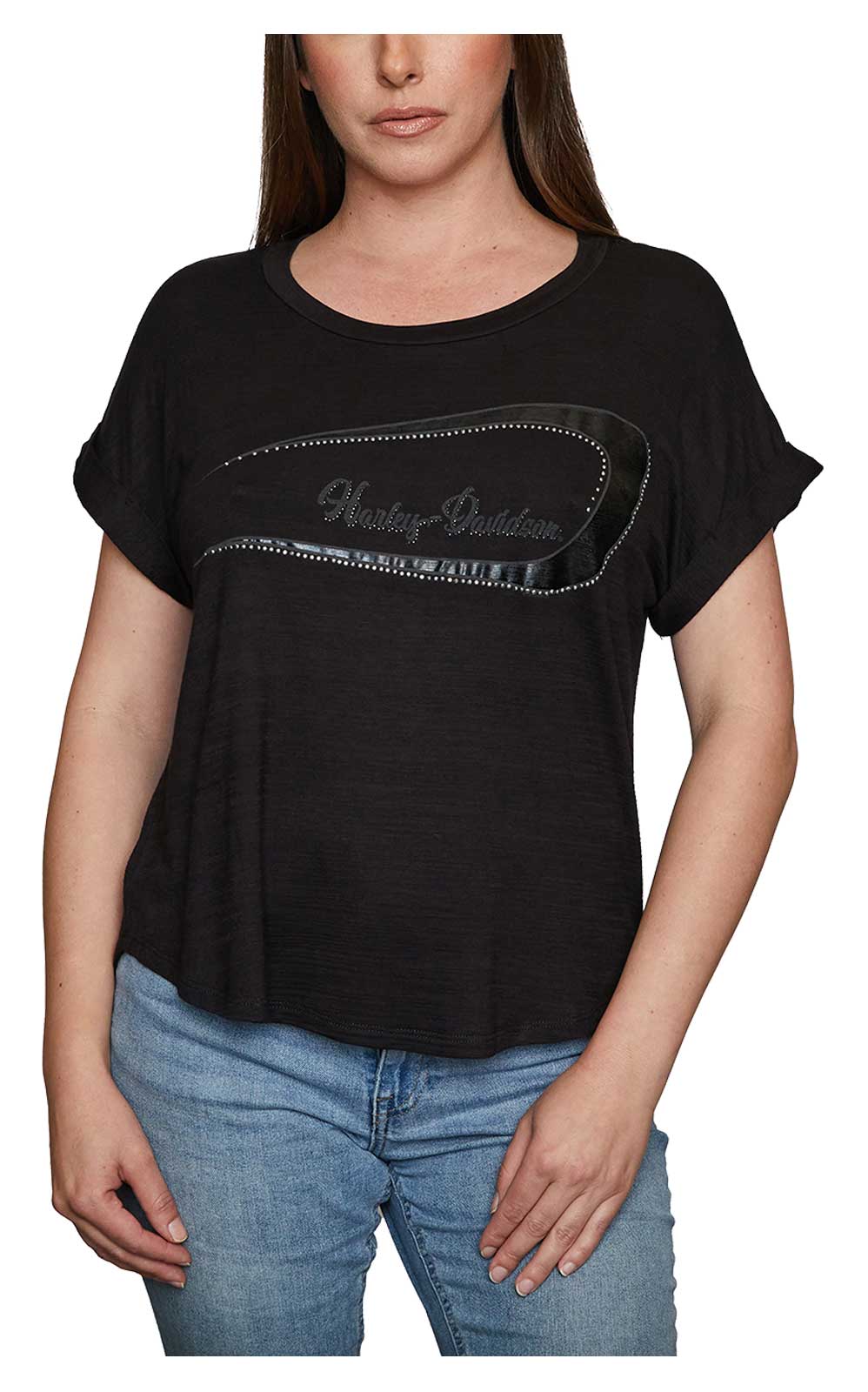 Harley-Davidson Women's Embellished Strider Scoop Neck Short Sleeve Tee, Black - Wisconsin Harley-Davidson