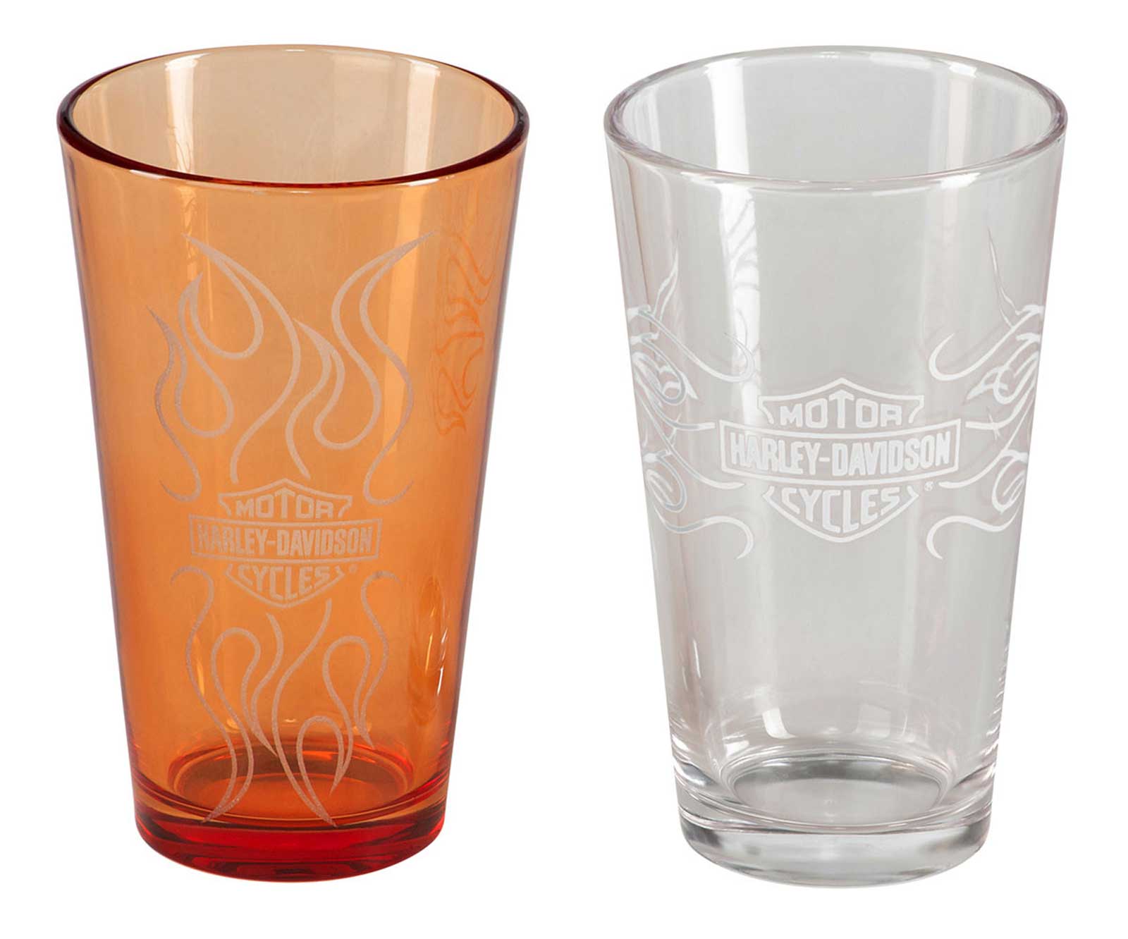 Harley-Davidson Bar & Shield Flames Pint Glass Set – 16 oz. Orange & Clear - Wisconsin Harley-Davidson