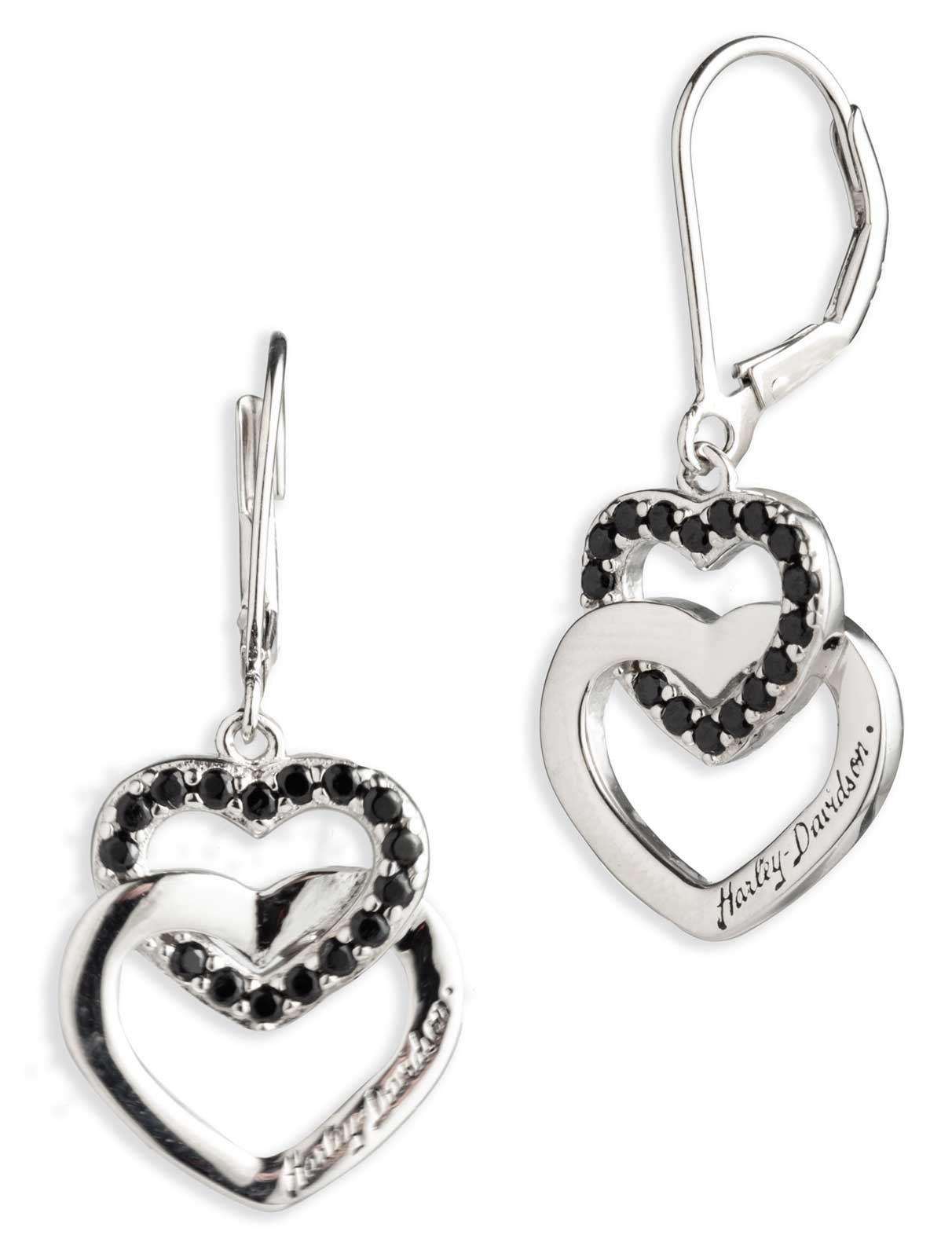 Harley-Davidson Women's Boxed Double Heart Stones Drop Earrings, Silver - Wisconsin Harley-Davidson