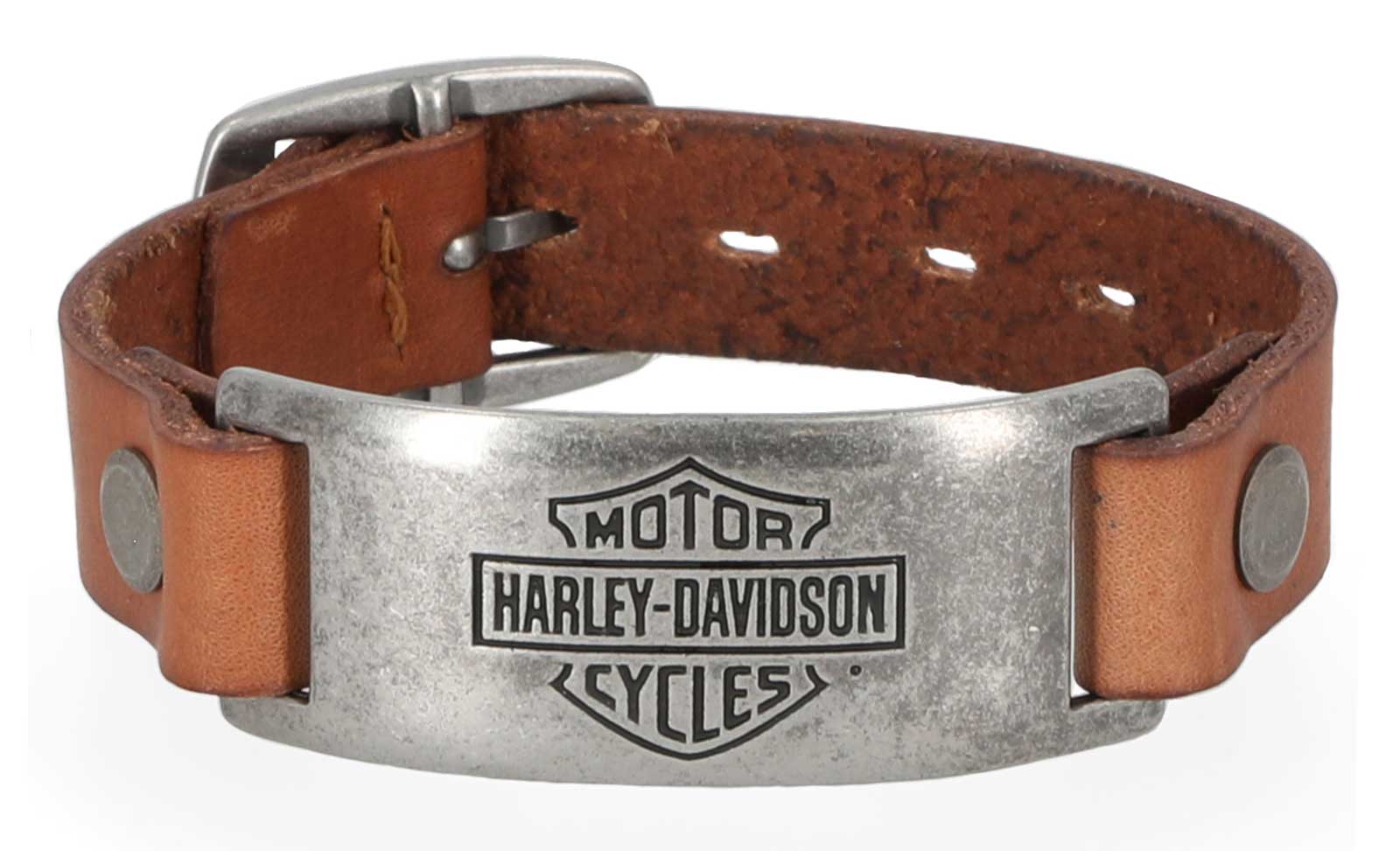 Harley-Davidson Men's Bar & Shield Metal Plate Leather Cuff Bracelet, Brown - Wisconsin Harley-Davidson
