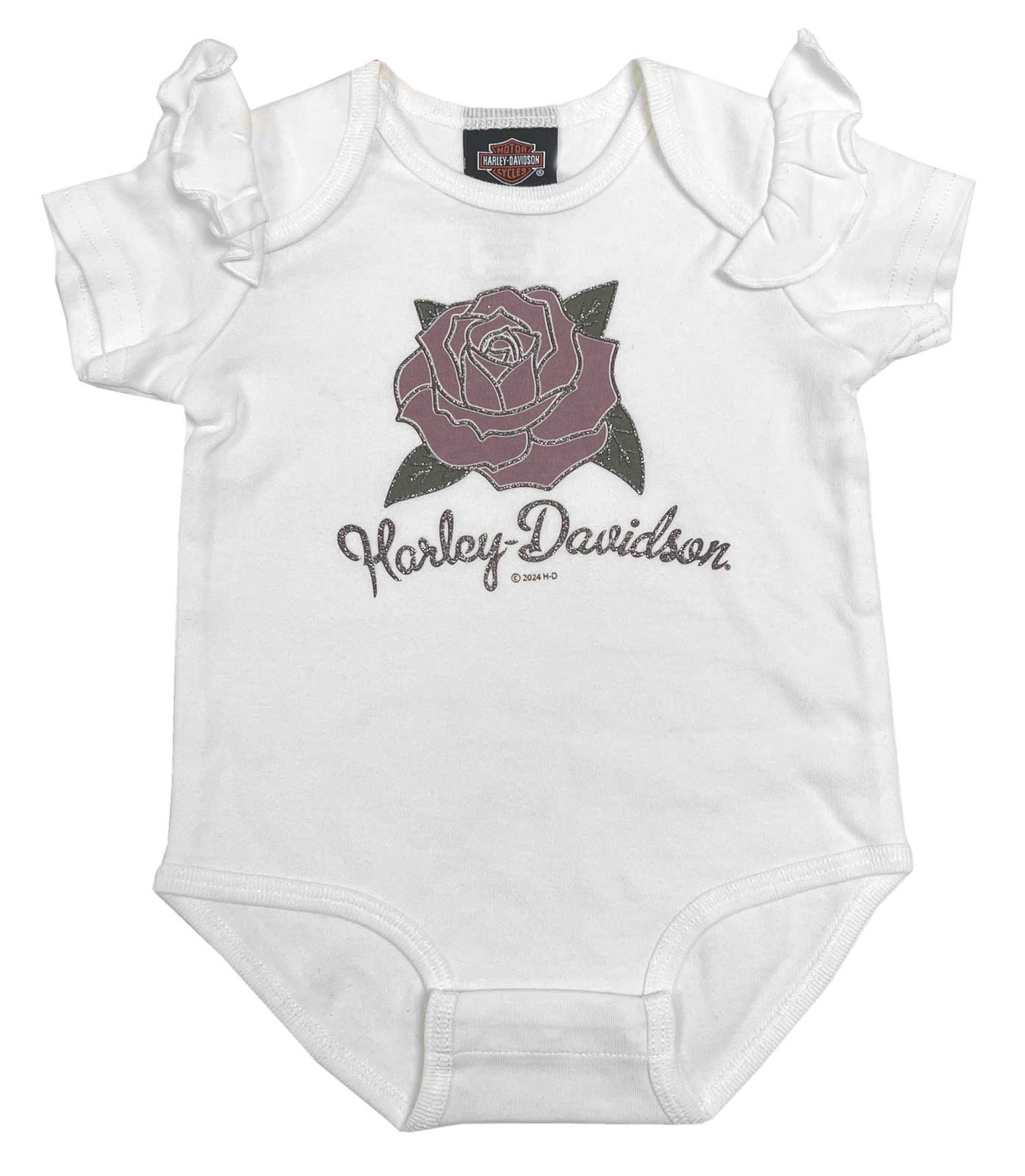 Harley-Davidson Baby Girls' Glitter Rose Ruffle Sleeve Newborn Creeper – White - Wisconsin Harley-Davidson