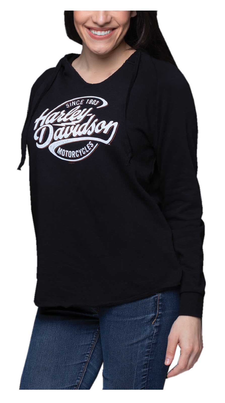 Harley-Davidson Women's Oil Surge Raw-Edge V-Neck Pullover Hoodie, Black - Wisconsin Harley-Davidson