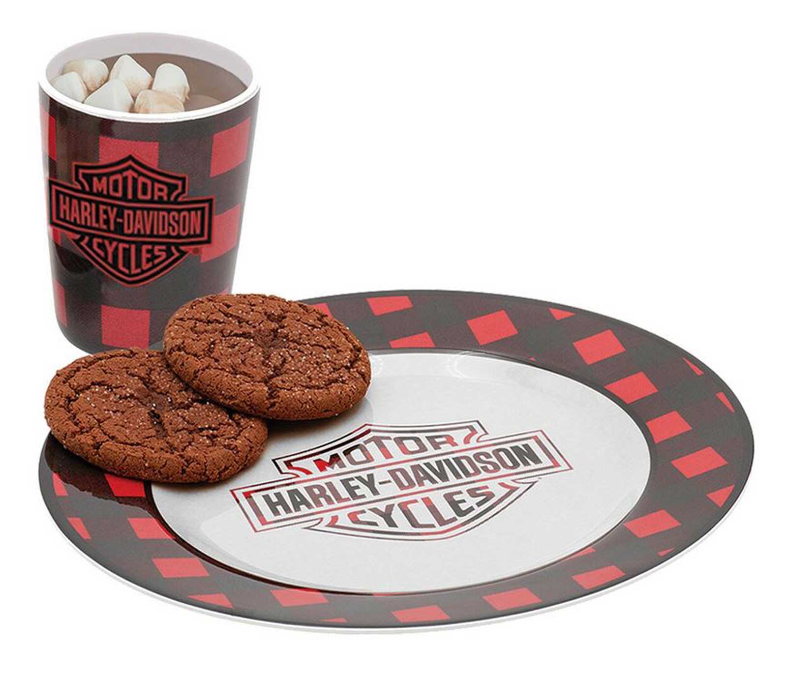 Harley-Davidson Bar & Shield Red & Black Plaid Snack, Cookie Plate w/ 10 Oz. Cup - Wisconsin Harley-Davidson
