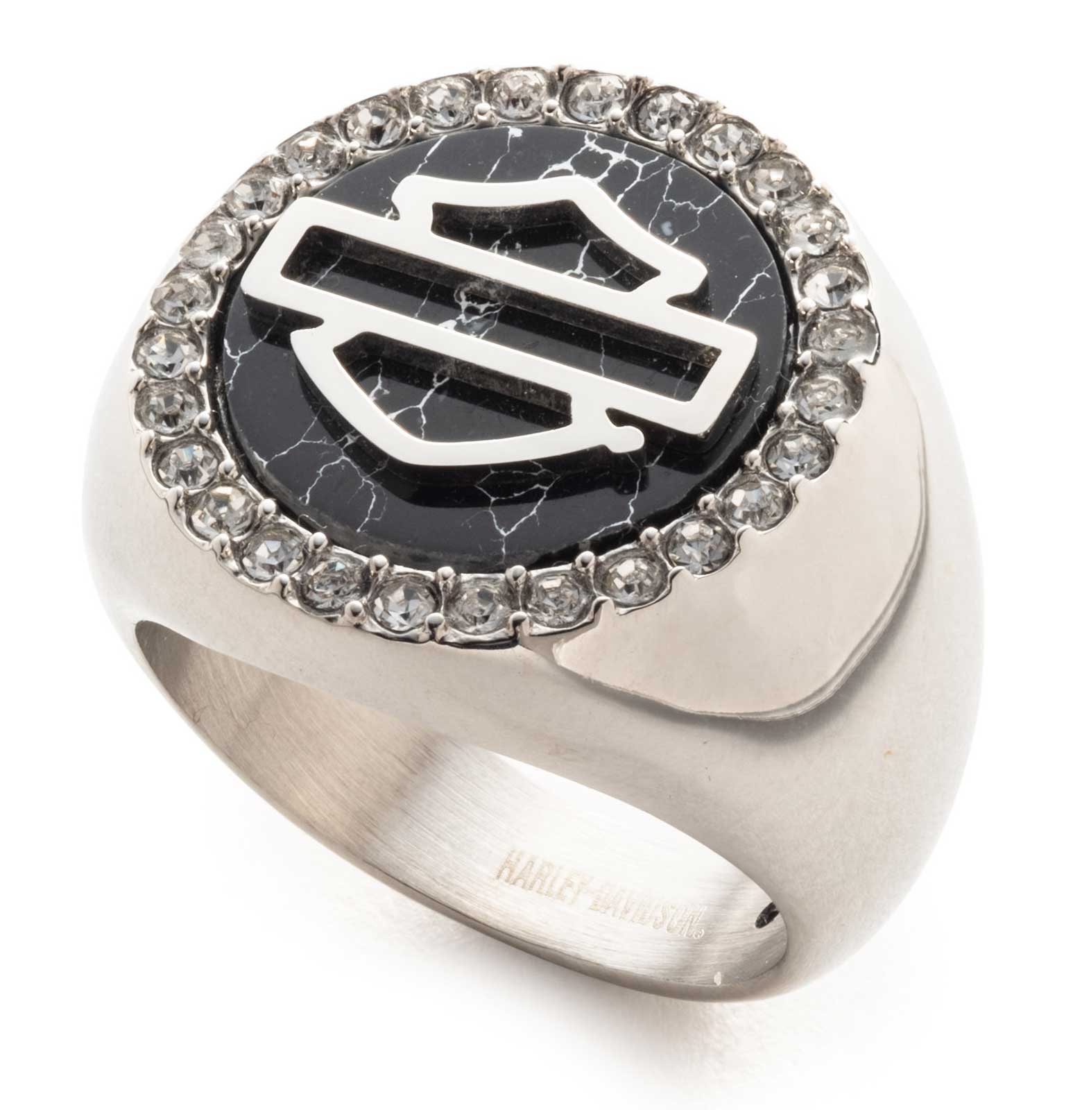 Harley-Davidson Women's Bar & Shield Black Crystal Signet Ring, Stainless Steel - Wisconsin Harley-Davidson