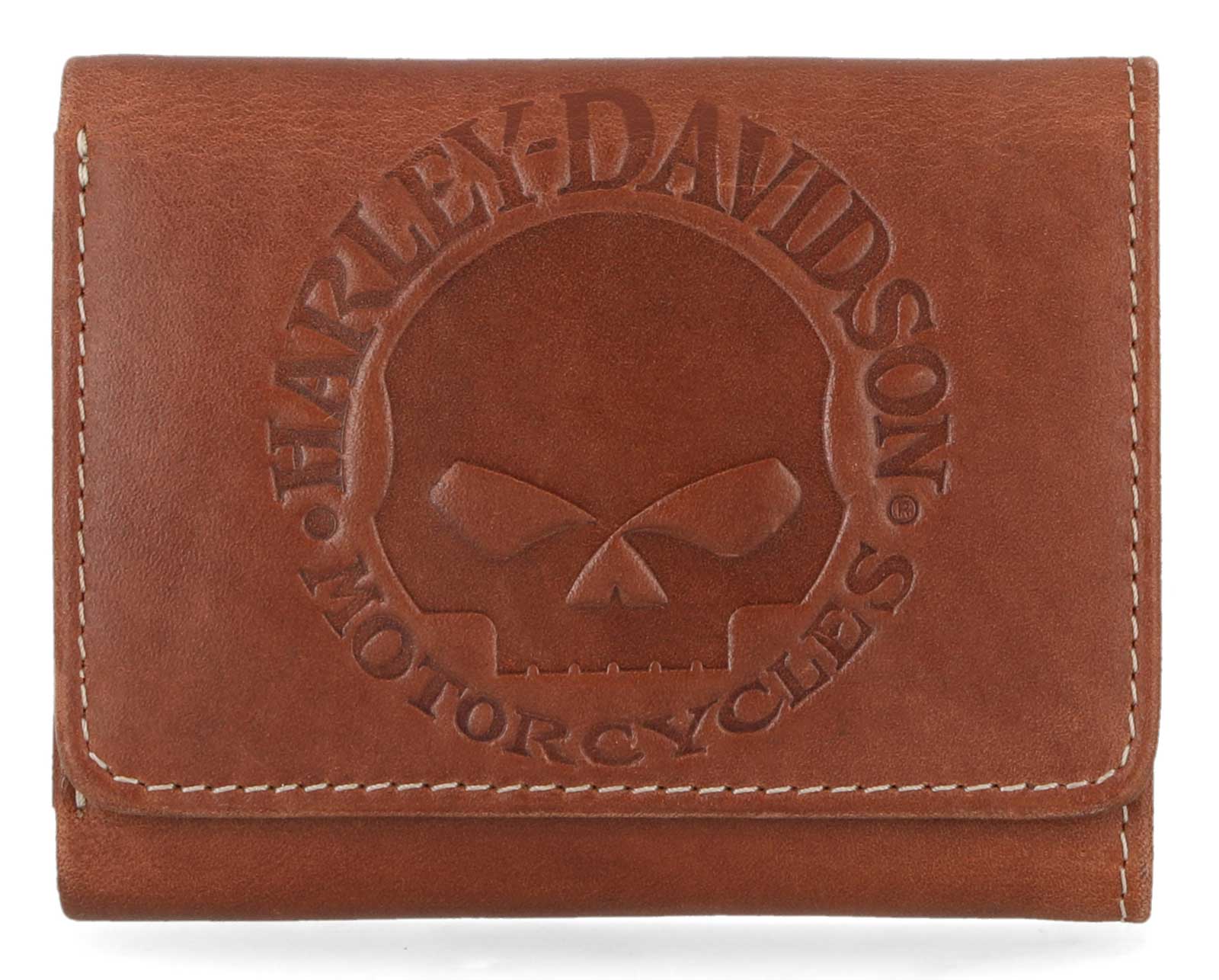 Harley-Davidson Men's Embossed Willie G Skull Tri-Fold Leather Wallet - Brown - Wisconsin Harley-Davidson