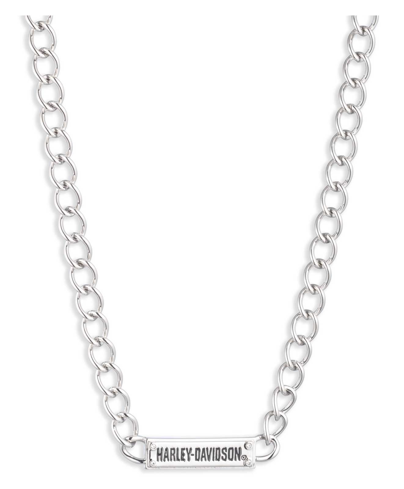Harley-Davidson Women's 16 in. Crystal H-D Name Plate Chain Necklace, Silver - Wisconsin Harley-Davidson