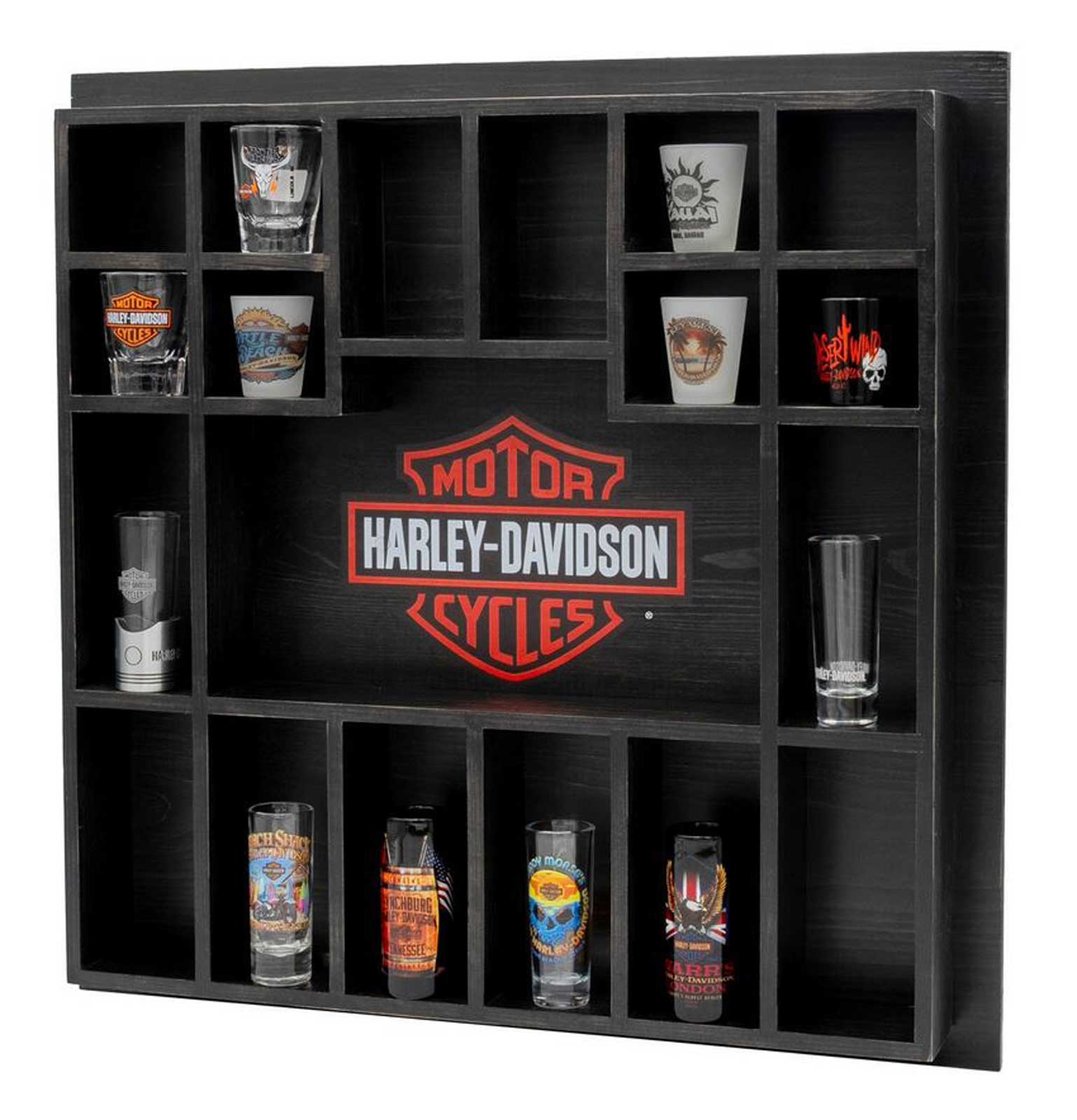 Harley-Davidson Bar & Shield Shot Glass Display Case - Solid Black Wood - No Hassle Returns at Wisconsin Harley