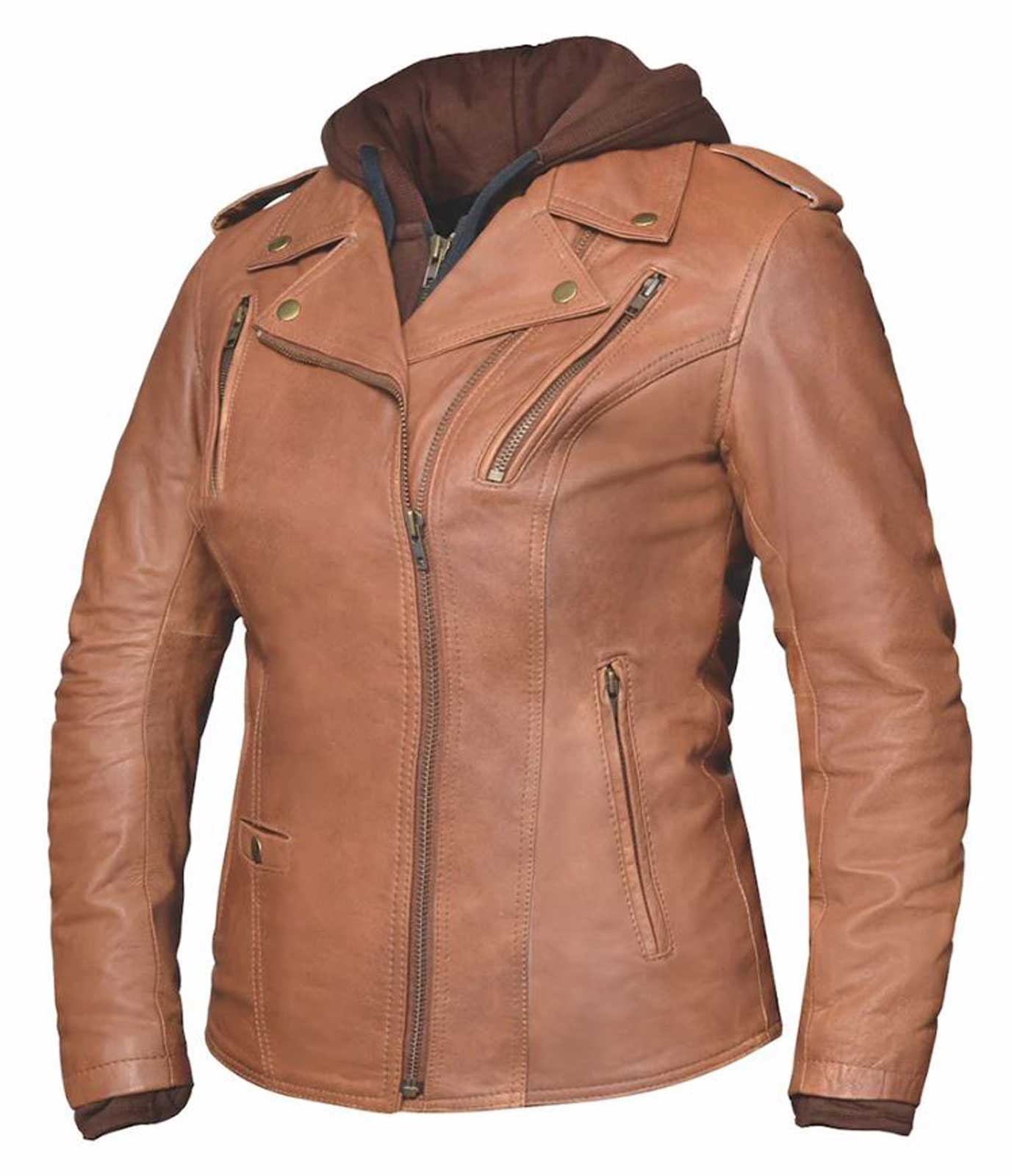 Derringer Women's 3-IN-1 Lambskin Hooded Leather Motorcycle Jacket