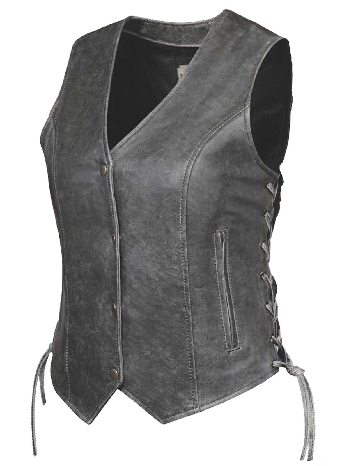 Derringer Women's Traditional Premium Lambskin Leather Motorcycle Vest - Gray - Wisconsin Harley-Davidson