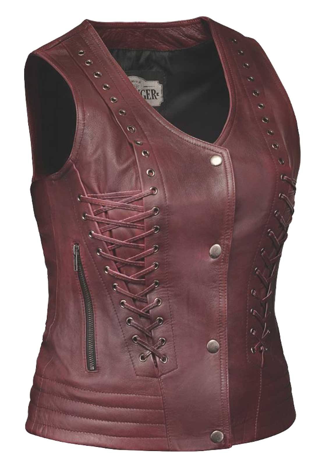 Derringer Women's Vintage Laced Soft Lambskin Leather Motorcycle Vest - Red - Wisconsin Harley-Davidson
