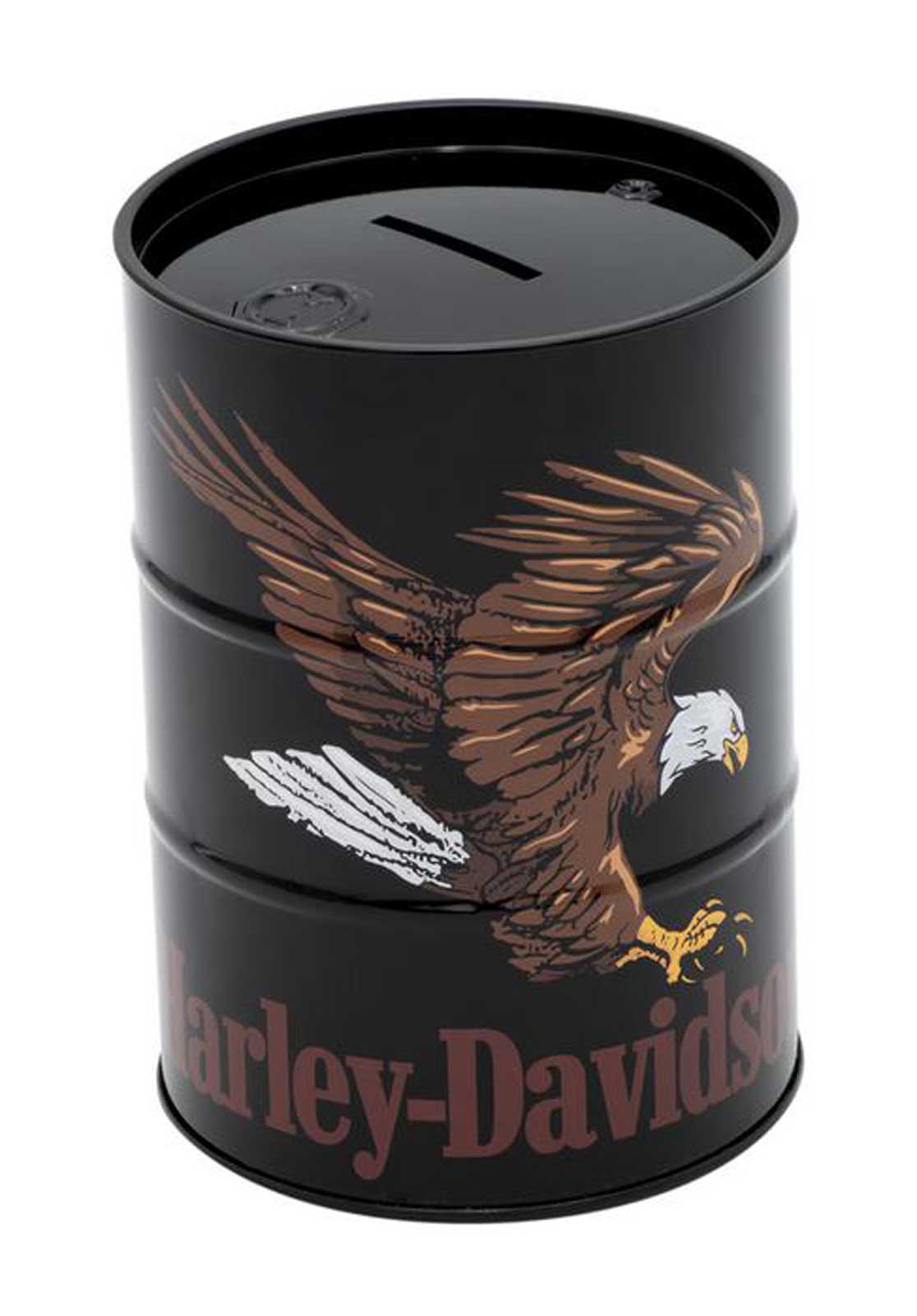 Harley-Davidson Swooping Eagle Oil Barrel Tin Bank w/ Removable Lid - Black - Wisconsin Harley-Davidson