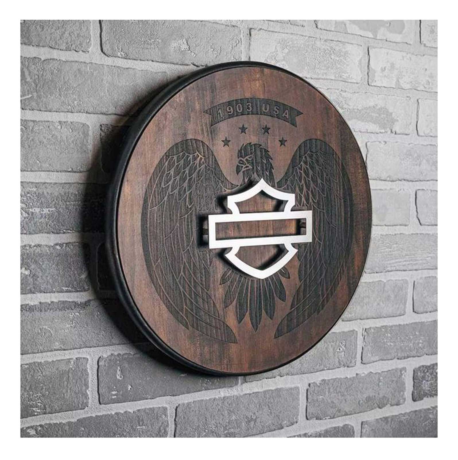 Harley-Davidson Open Bar & Shield Eagle Pub Sign, Round Wooden Sign, Brown - No Hassle Returns at Wisconsin Harley