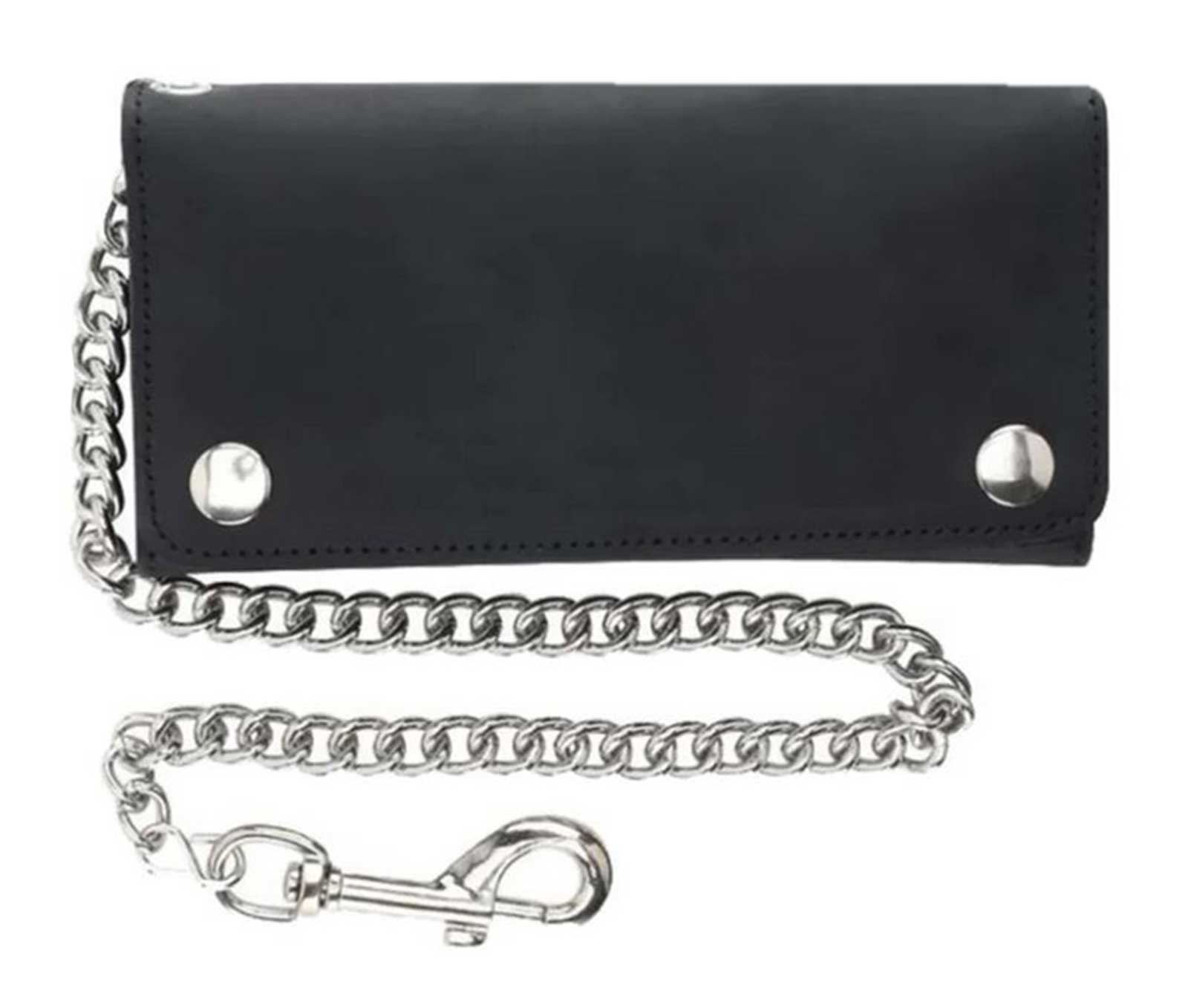 Derringer Men's Biker Chain Durable Leather Tall Tri-Fold Wallet - Classic Black - Wisconsin Harley-Davidson