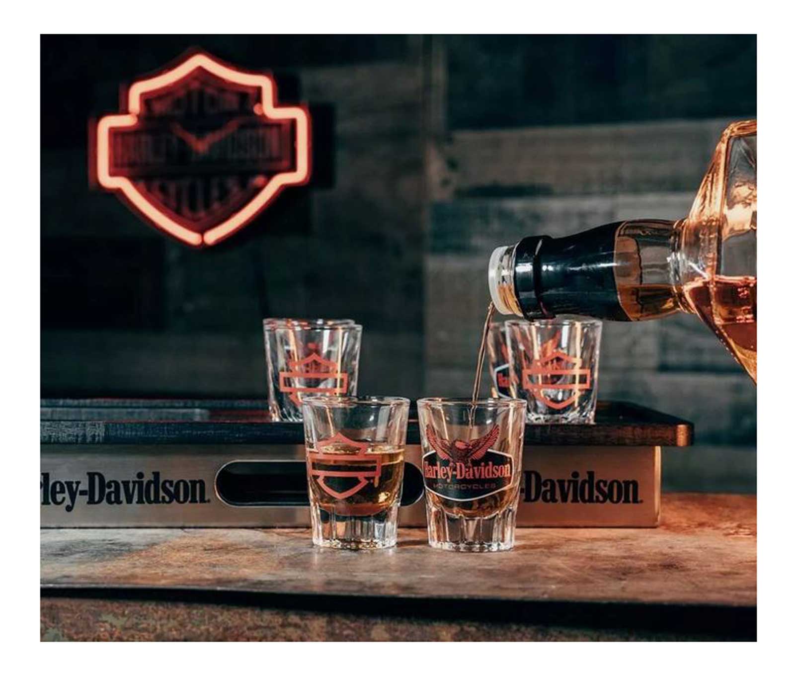 Harley-Davidson Eagle Bottle & Shot Glass Tray Set, Eagle and Bar & Shield Logos - No Hassle Returns at Wisconsin Harley