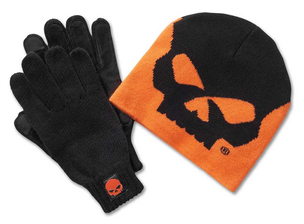 Harley-Davidson Men's Willie G Skull Beanie & Gloves Set, Orange 97658-25VM - Wisconsin Harley-Davidson