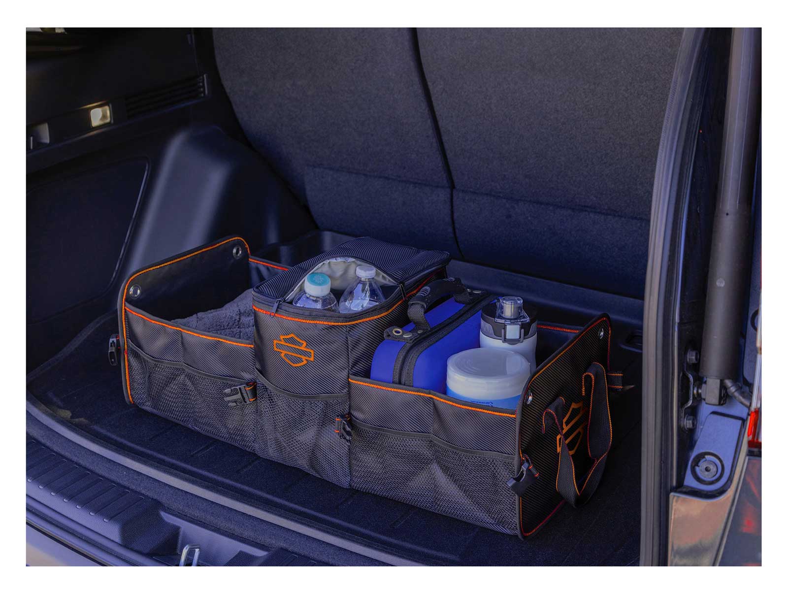 Harley-Davidson Collapsible & Portable Trunk Organizer, Silhouette Orange Logo - No Hassle Returns at Wisconsin Harley