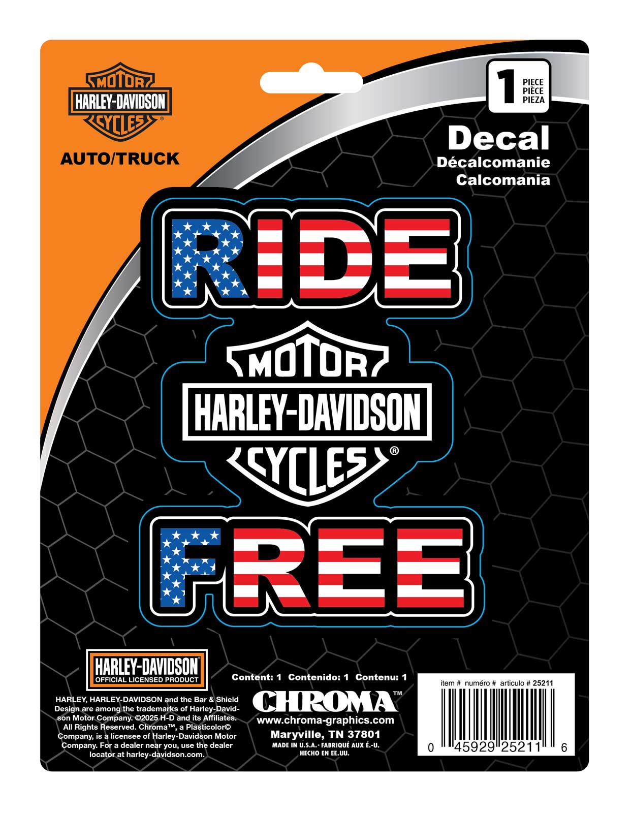 Harley-Davidson® Bar & Shield Logo RWB Ride Free Vinyl Decal - 6 x