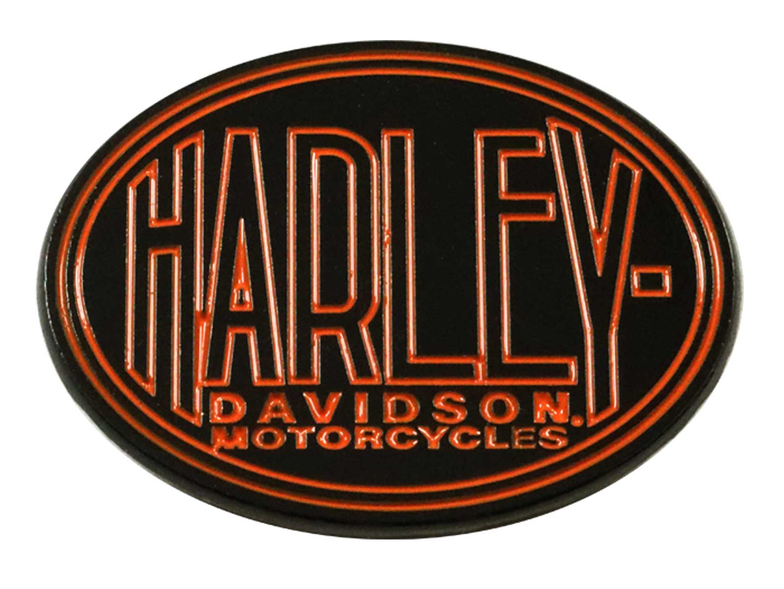 Harley-Davidson 1.5 inch. Block Harley Round Metal Pin, Black & Orange Finish - Wisconsin Harley-Davidson