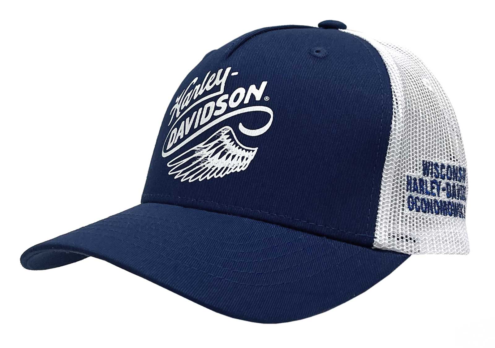 Harley-Davidson Women's Soar Ponytail Curved Bill Mesh Trucker Hat, Blue/White - Wisconsin Harley-Davidson