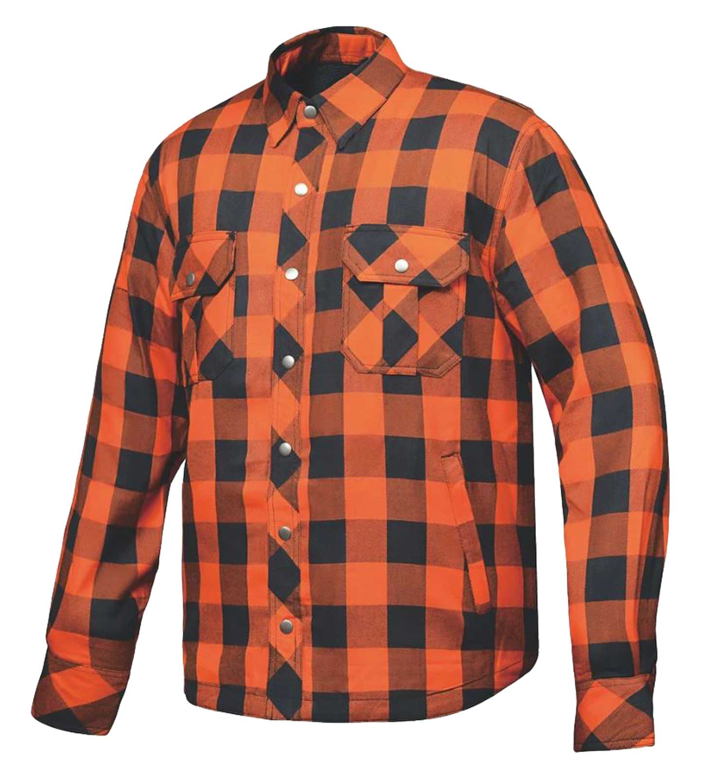 Derringer Men's Armored Zip & Snap Plaid Flannel Shirt Jacket, Orange/Blk - Wisconsin Harley-Davidson