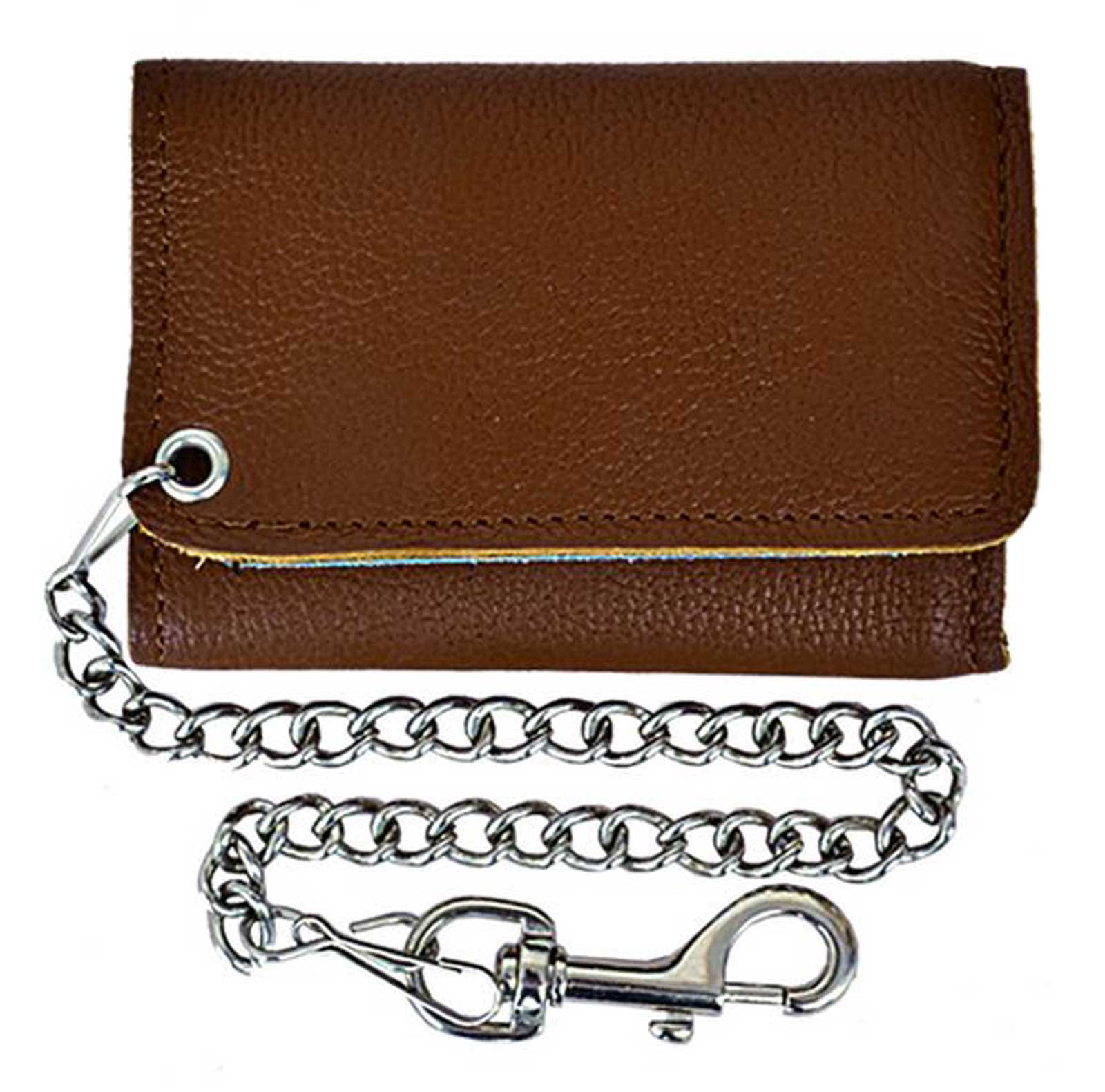 Derringer Men's Biker Chain Cowhide Leather Tri-Fold Short Snap Wallet, Brown - Wisconsin Harley-Davidson