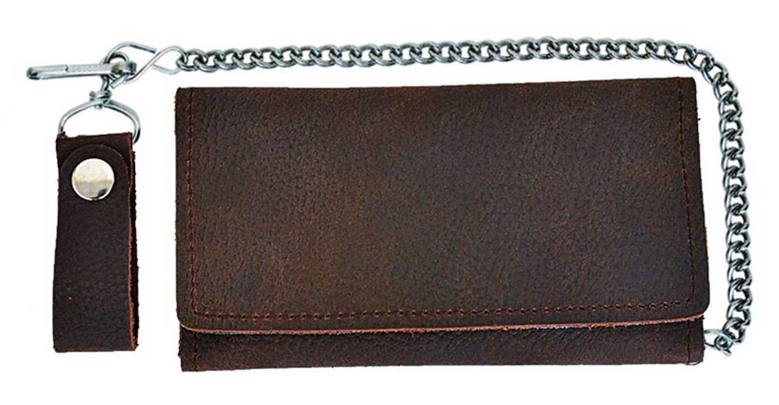 Derringer Men's Biker Chain Premium Cowhide Leather Snap Tri-Fold Wallet, Brown - Wisconsin Harley-Davidson