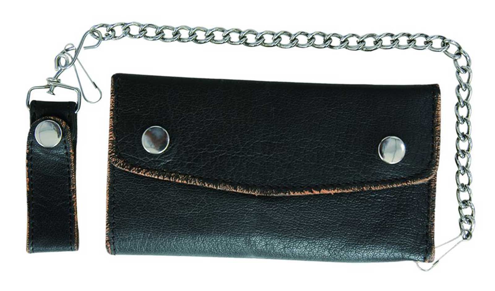 Derringer Men's Biker Chain Distressed Leather Tri-Fold Snap Wallet, Black/Brown - Wisconsin Harley-Davidson