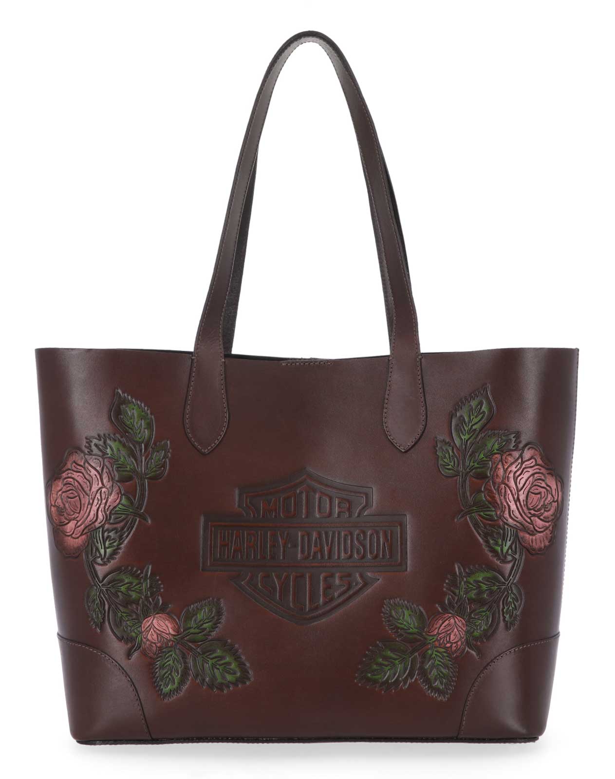 Harley-Davidson Women's Floral Bar & Shield Genuine Leather Tote Bag, Brown - Wisconsin Harley-Davidson