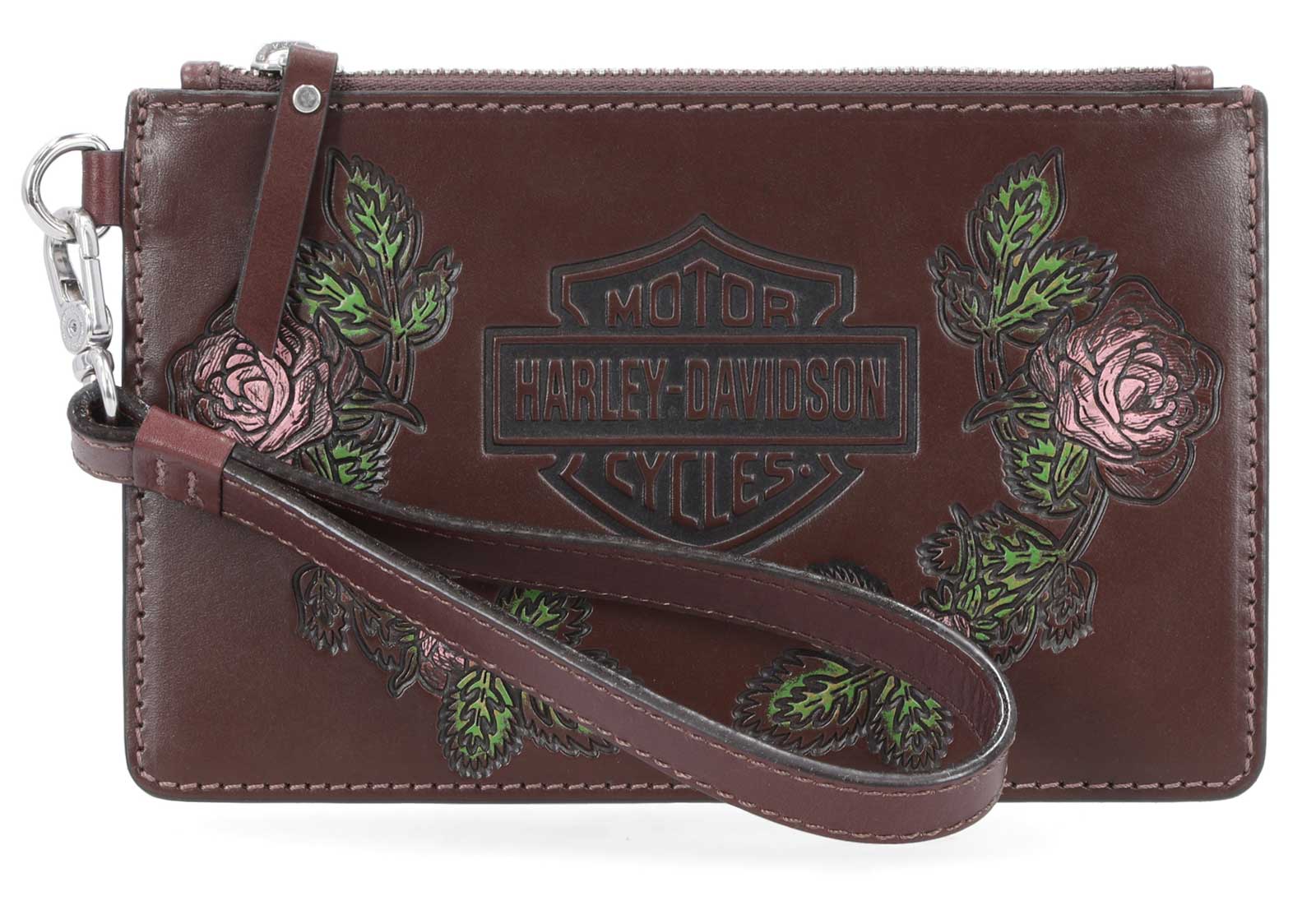Harley-Davidson Women's Floral Bar & Shield Genuine Leather Wristlet, Brown - Wisconsin Harley-Davidson